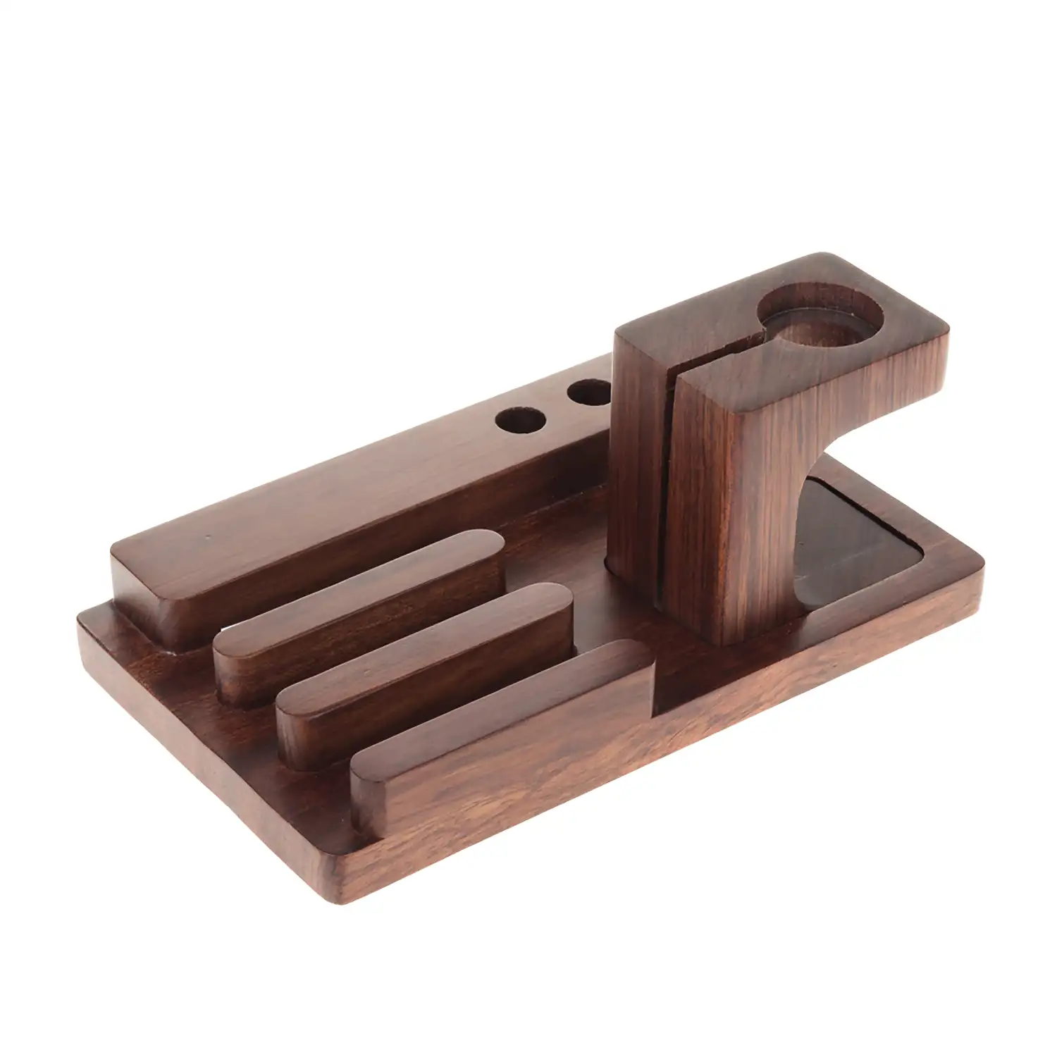 Soporte de madera para 3 smartphones, 3 bolígrafos y Apple Watch con base de carga.