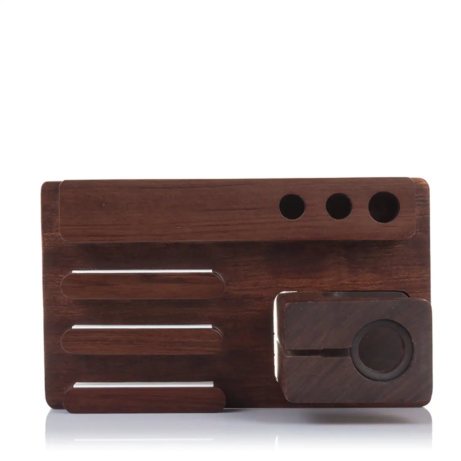 Soporte de madera para 3 smartphones, 3 bolígrafos y Apple Watch con base de carga.