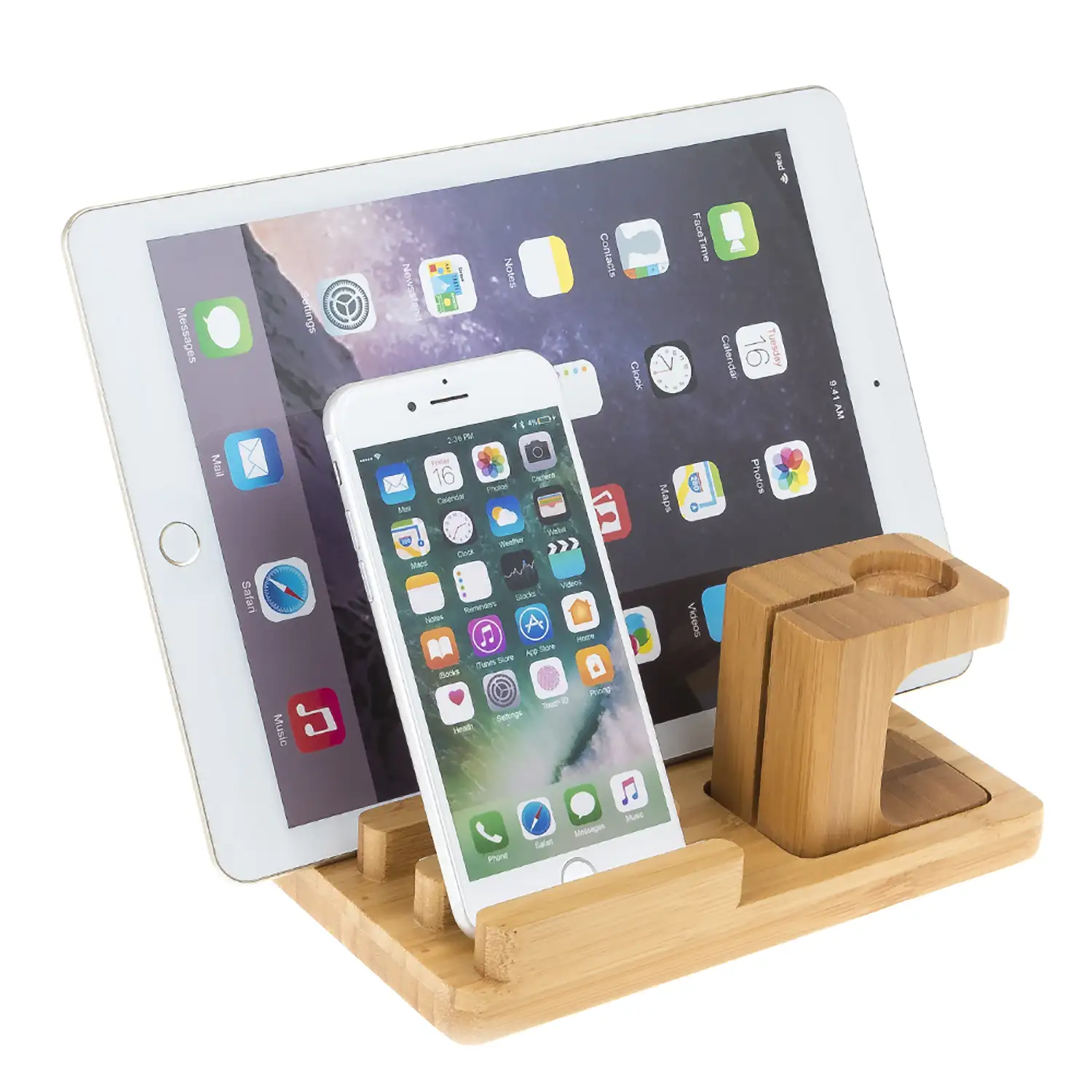 Soporte de madera para 3 smartphones, 3 bolígrafos y Apple Watch con base de carga.