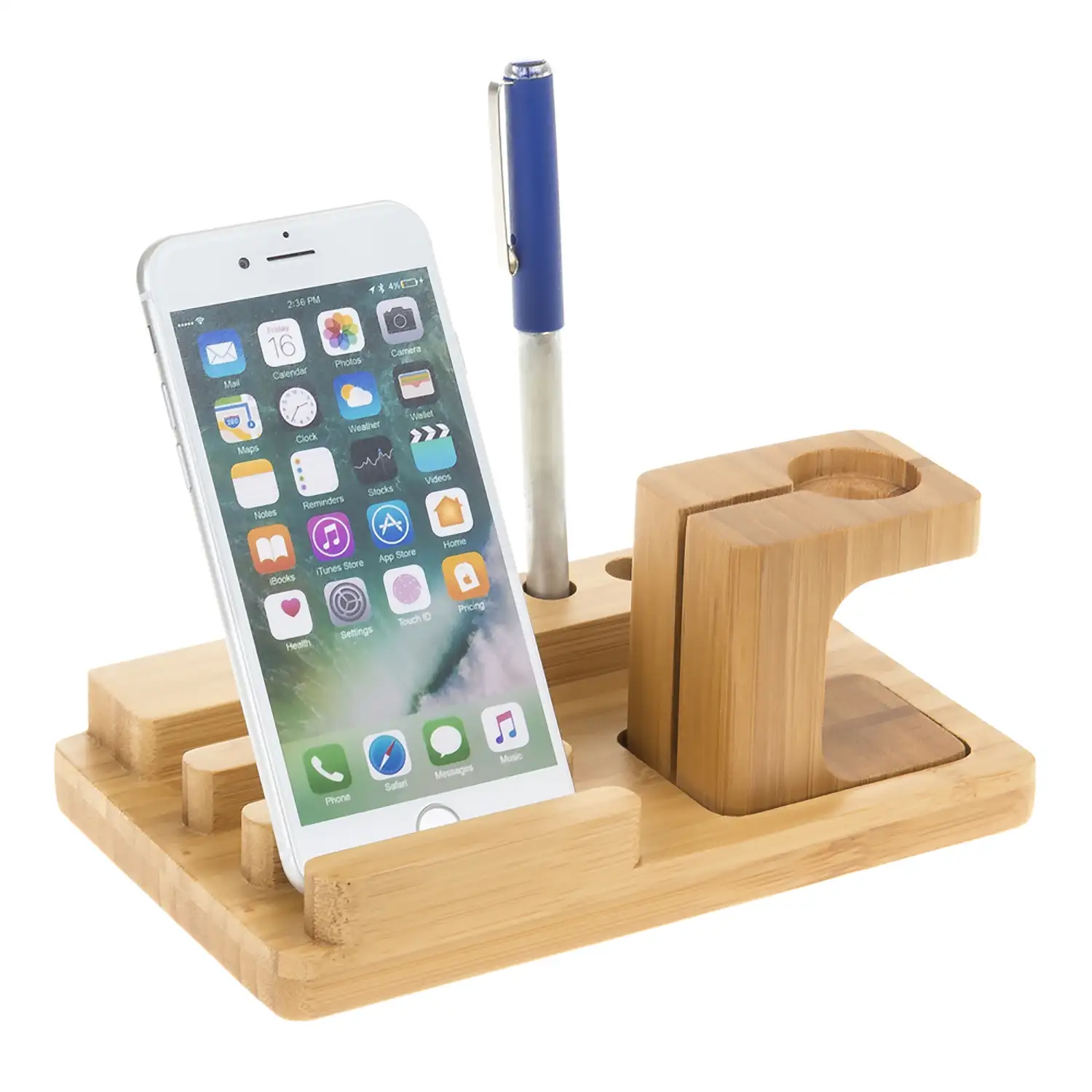 Soporte de madera para 3 smartphones, 3 bolígrafos y Apple Watch con base de carga.