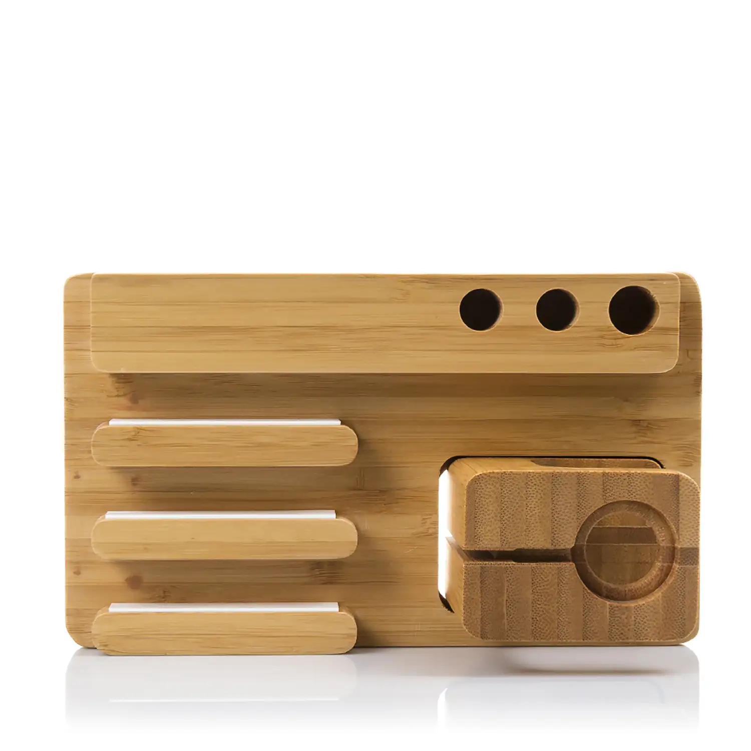 Soporte de madera para 3 smartphones, 3 bolígrafos y Apple Watch con base de carga.