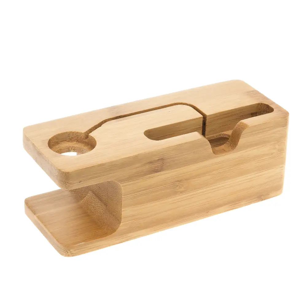 Soporte de madera para smartphone y iWatch con estación de carga USB.