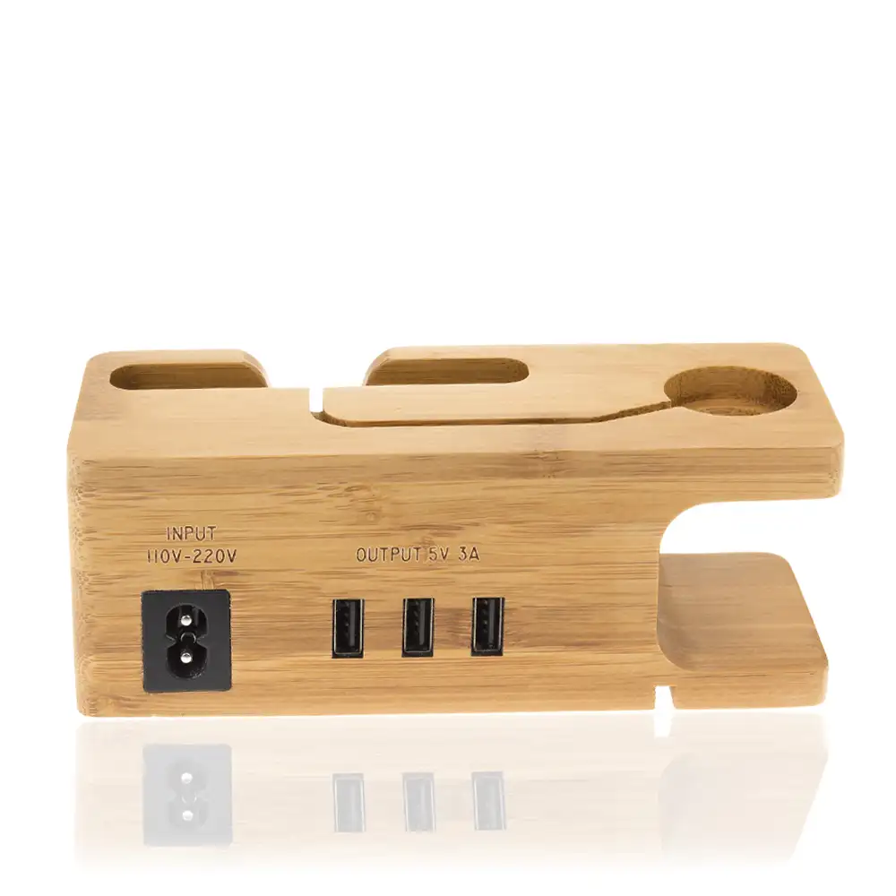 Soporte de madera para smartphone y iWatch con estación de carga USB.