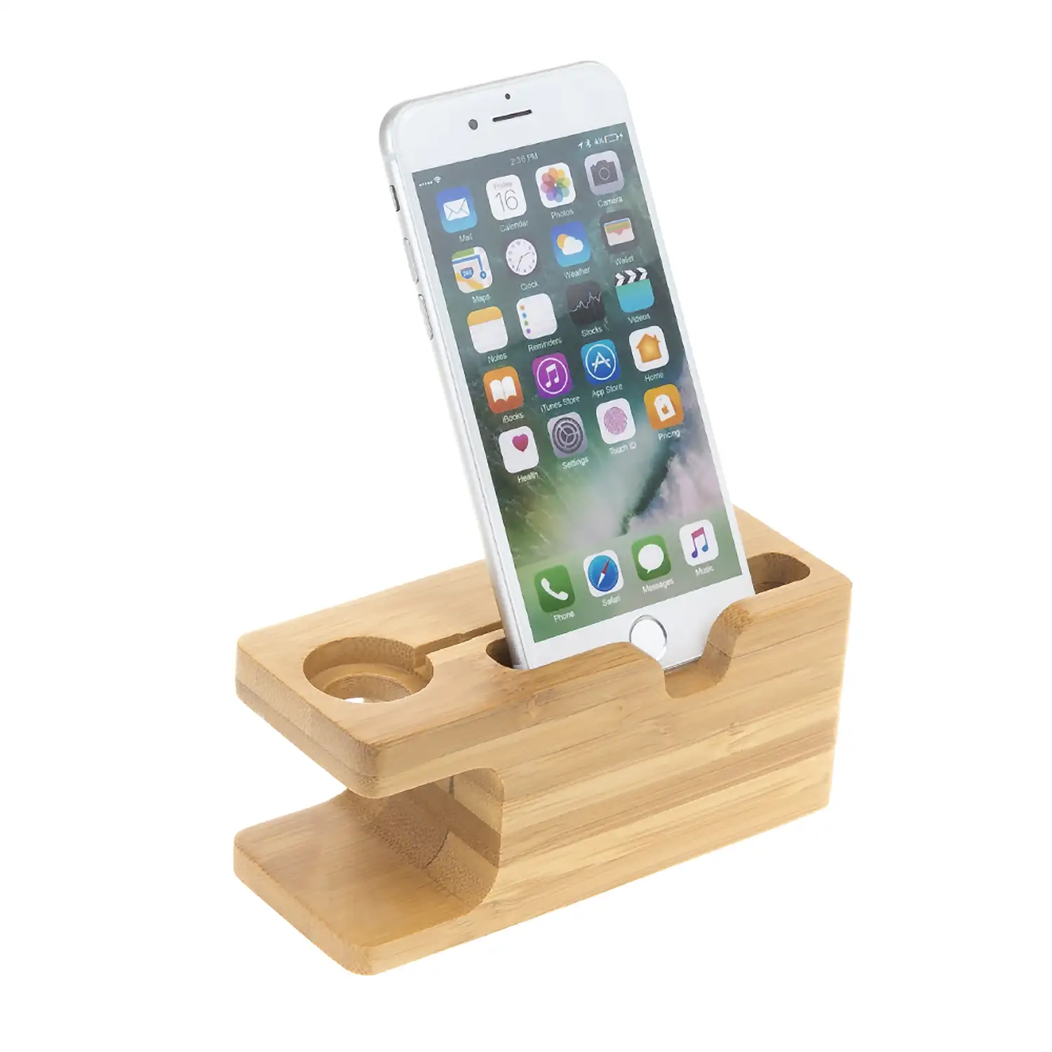 Soporte de madera para smartphone y Apple Watch, con organizador de cables.