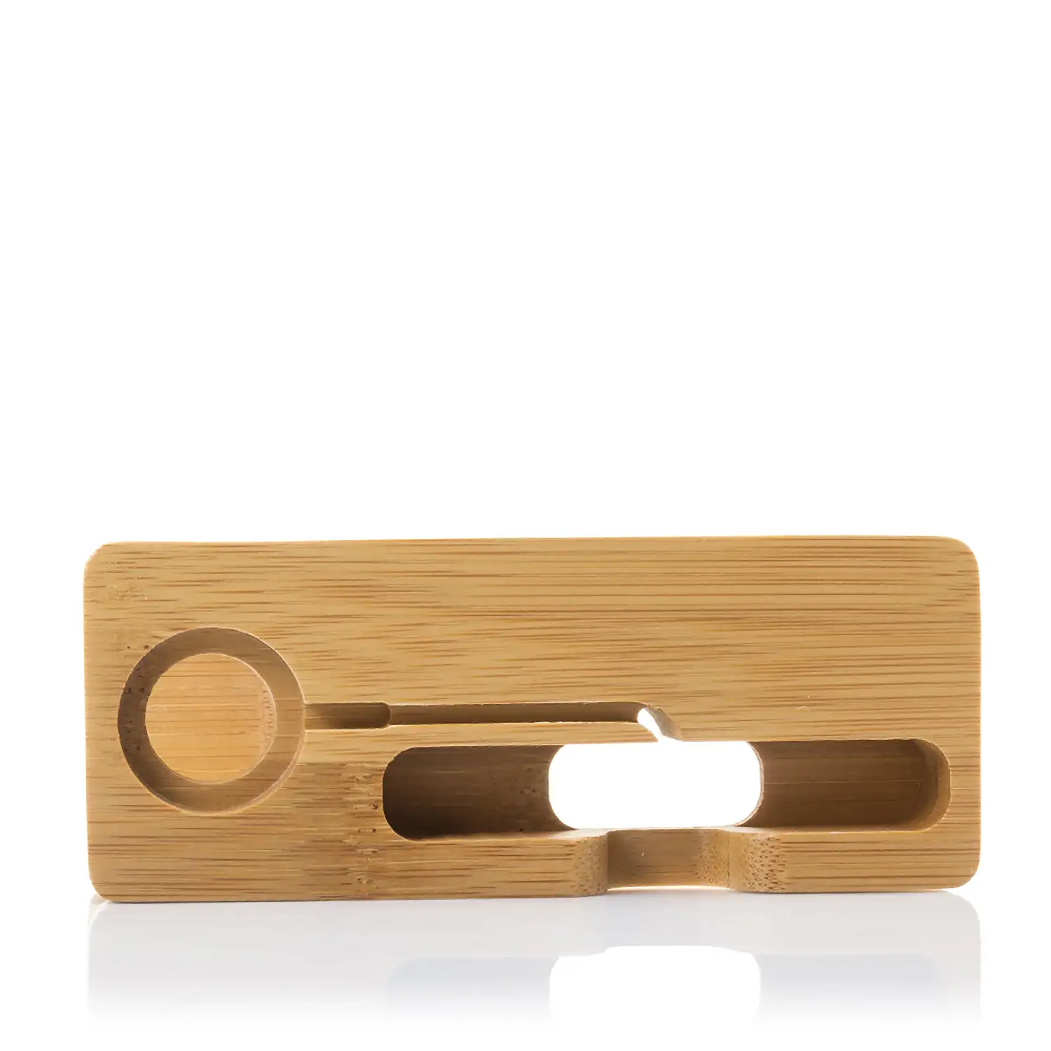 Soporte de madera para smartphone y Apple Watch, con organizador de cables.