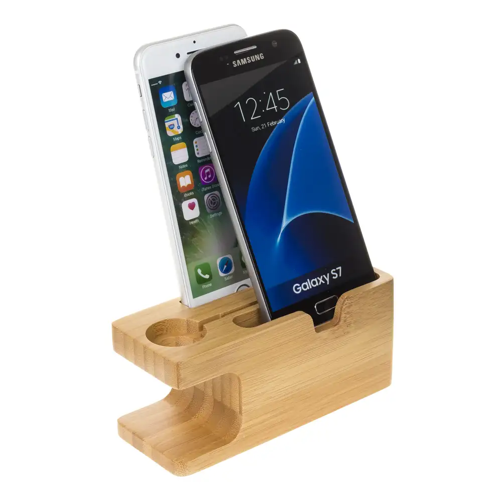 Soporte de madera para smarphone, iWatch y stand multiusos; con organizador de cables.