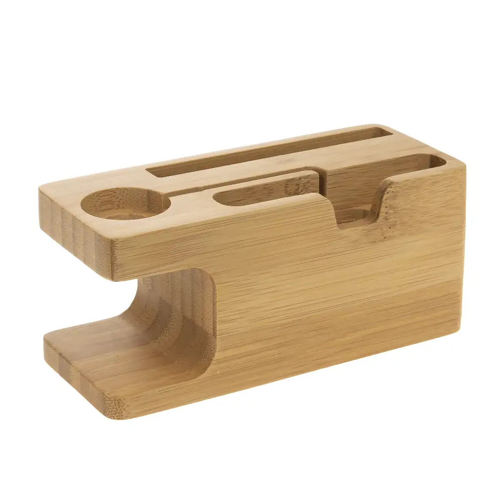 Soporte de madera para smarphone, iWatch y stand multiusos; con organizador de cables.