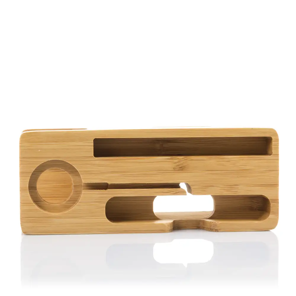 Soporte de madera para smarphone, iWatch y stand multiusos; con organizador de cables.