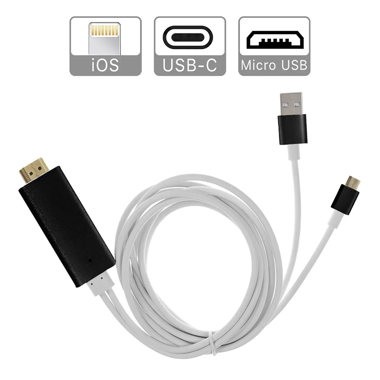 Cable HDMI TPE con conector para iOS, micro USB y Tipo C (Android)