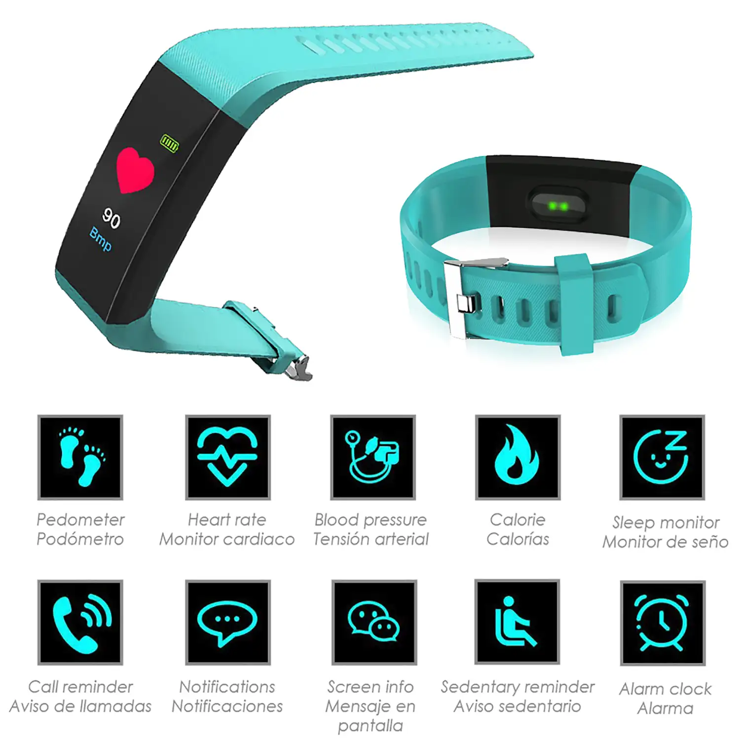Brazalete inteligente ID115 con monitor cardíaco, presión sanguínea y notificaciones para iOS y Android