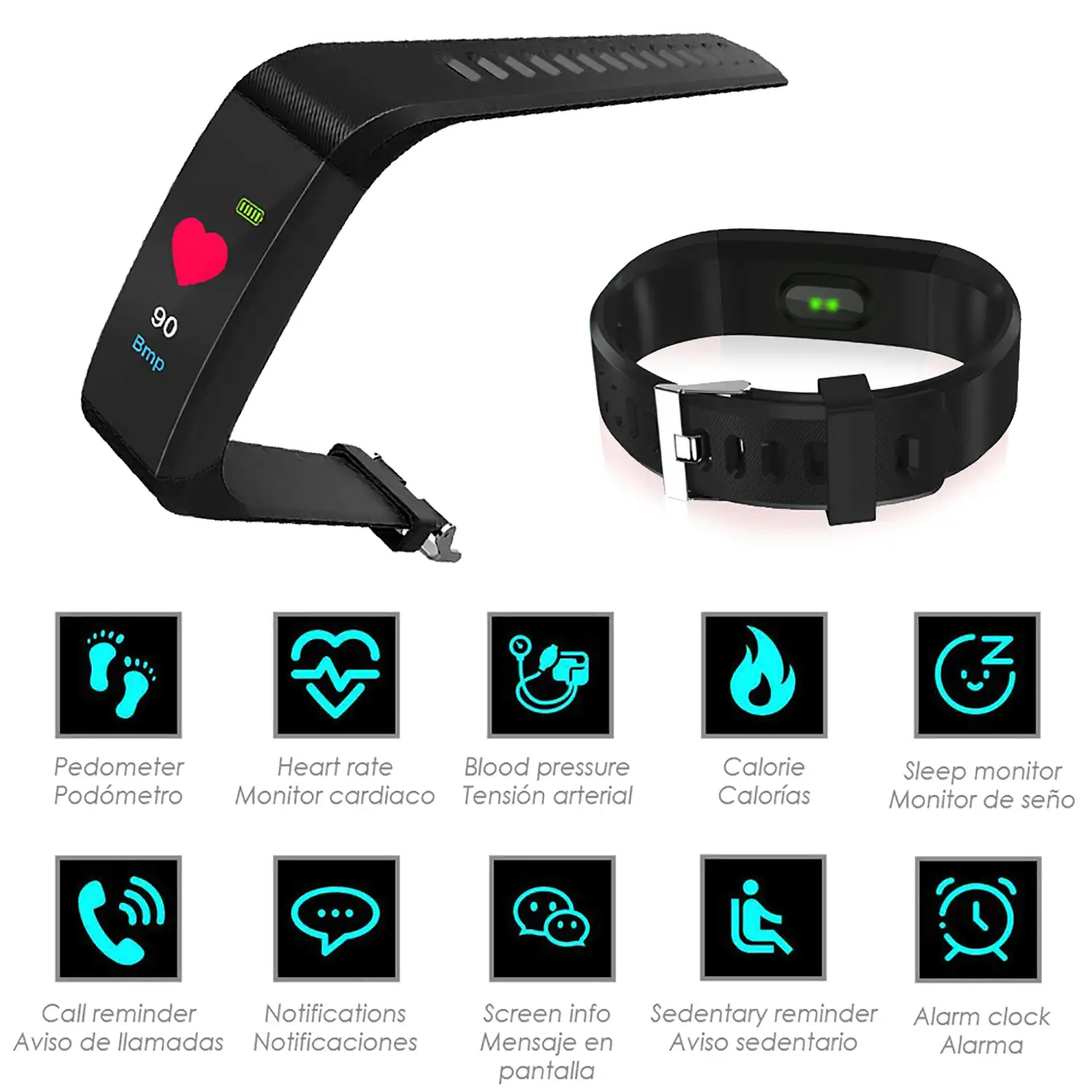 Brazalete inteligente ID115 con monitor cardíaco, presión sanguínea y notificaciones para iOS y Android