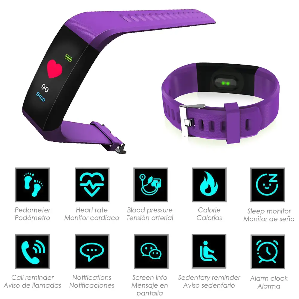 Brazalete inteligente ID115 con monitor cardíaco, presión sanguínea y notificaciones para iOS y Android