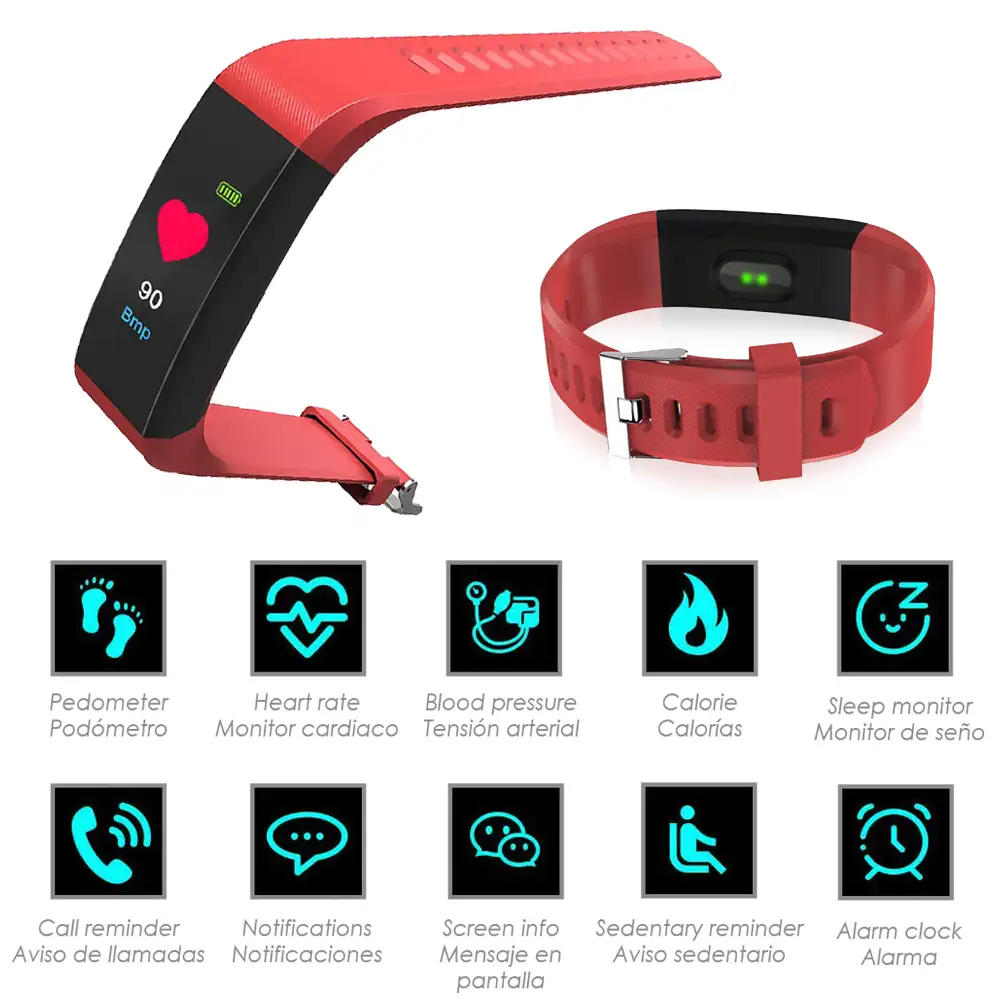 Brazalete inteligente ID115 con monitor cardíaco, presión sanguínea y notificaciones para iOS y Android
