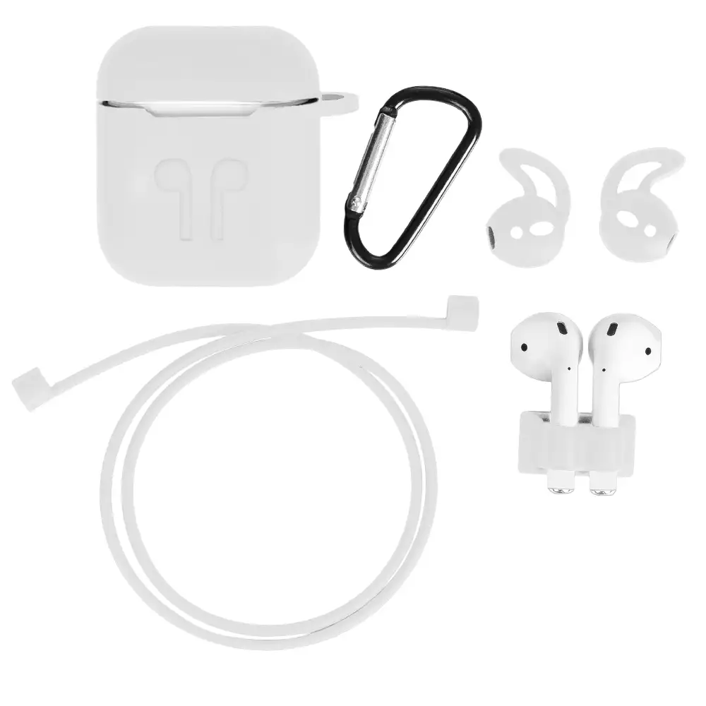 Pack de accesorios para Airpods, con funda para base de carga, mosquetón, almohadillas, correa y enganche para el reloj