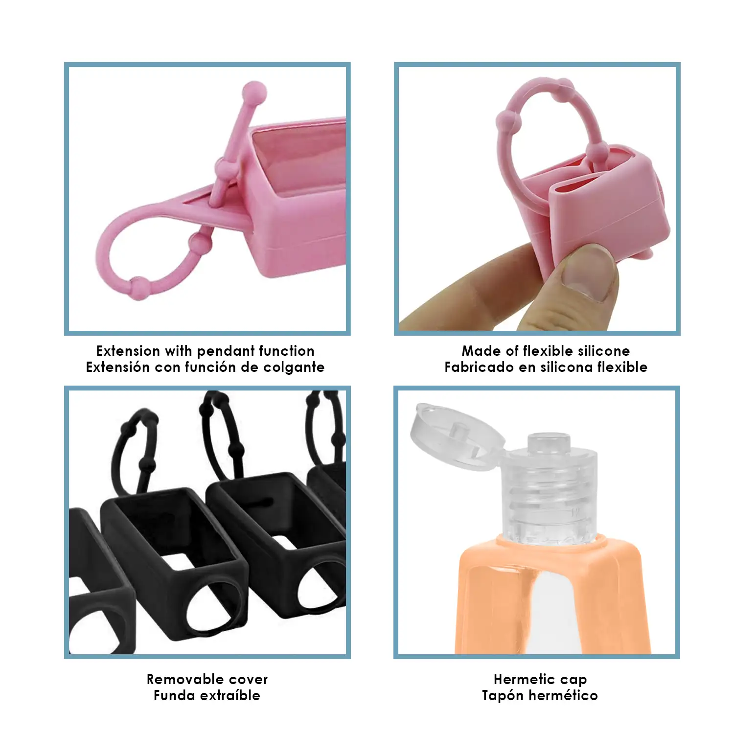 Llavero botella higienizante de manos alcohol rellenable 30ml de silicona con colgante. Pack de 4 uds.