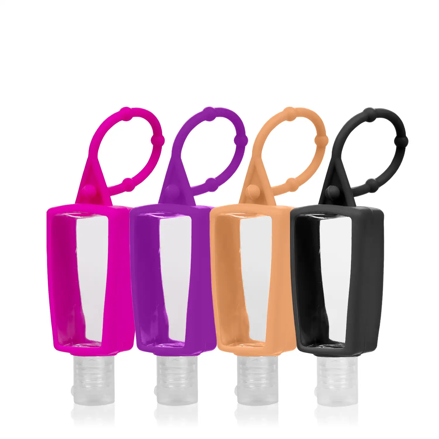 Llavero botella higienizante de manos alcohol rellenable 30ml de silicona con colgante. Pack de 4 uds.
