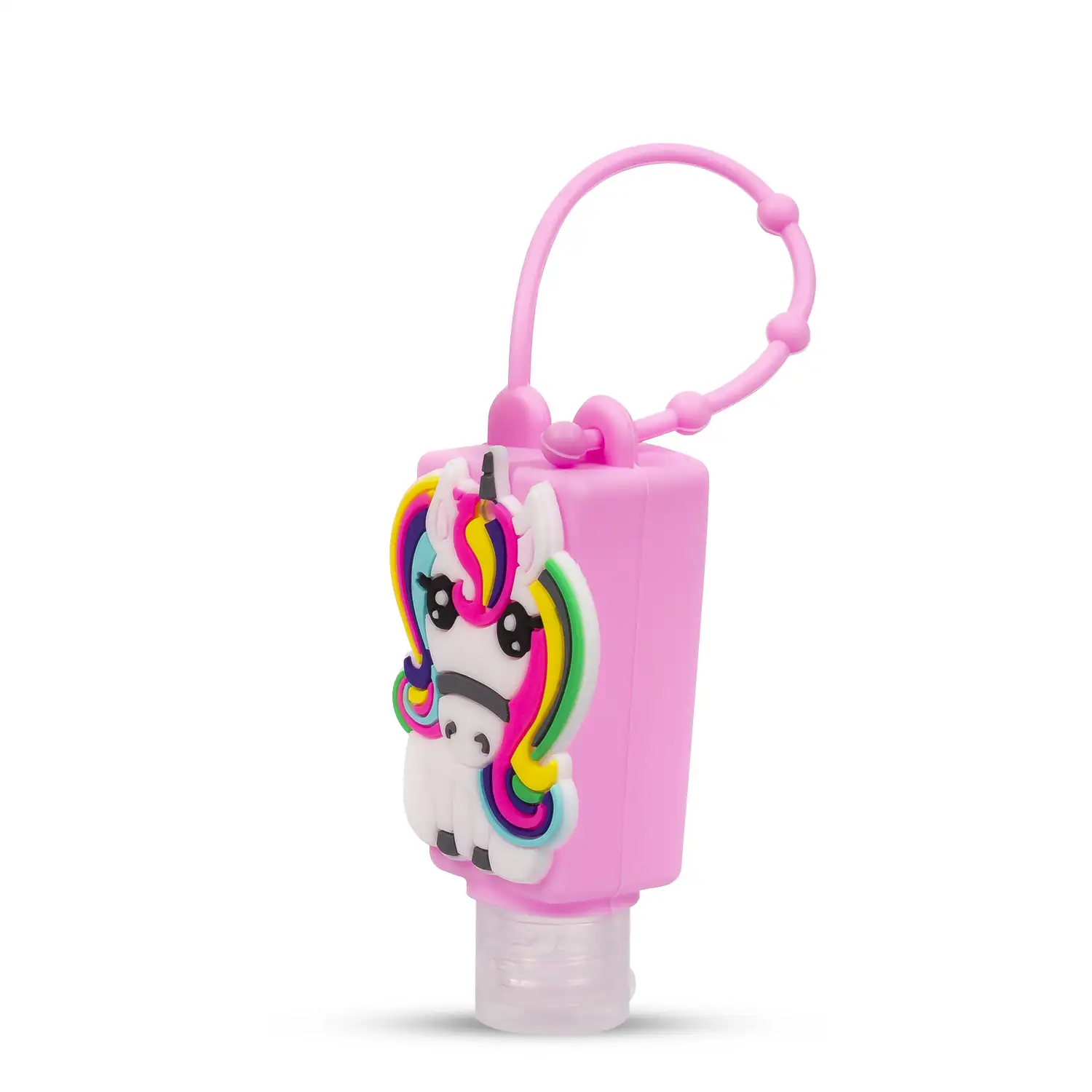 Llavero Botella higienizante de manos alcohol rellenable 30ml. Diseño unicornio.