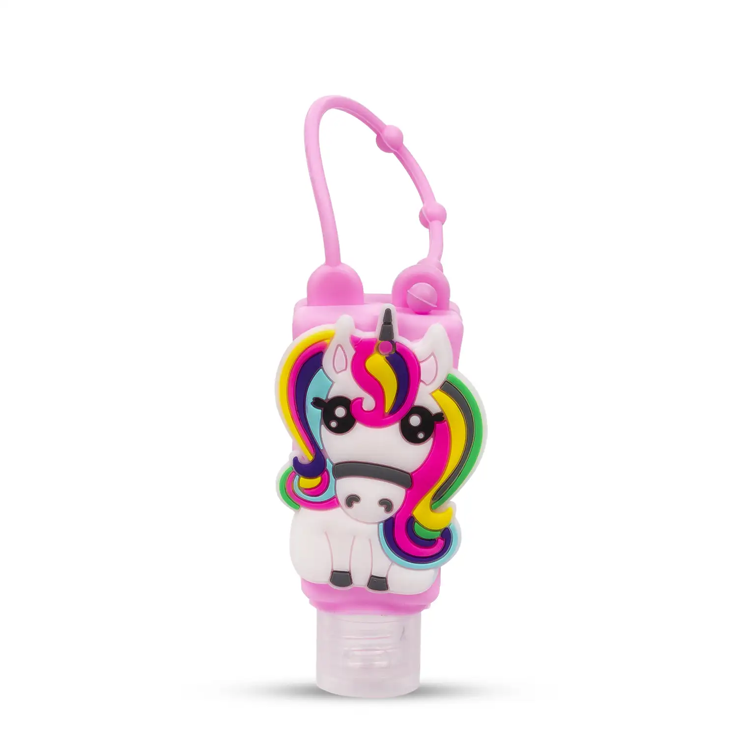Llavero Botella higienizante de manos alcohol rellenable 30ml. Diseño unicornio.