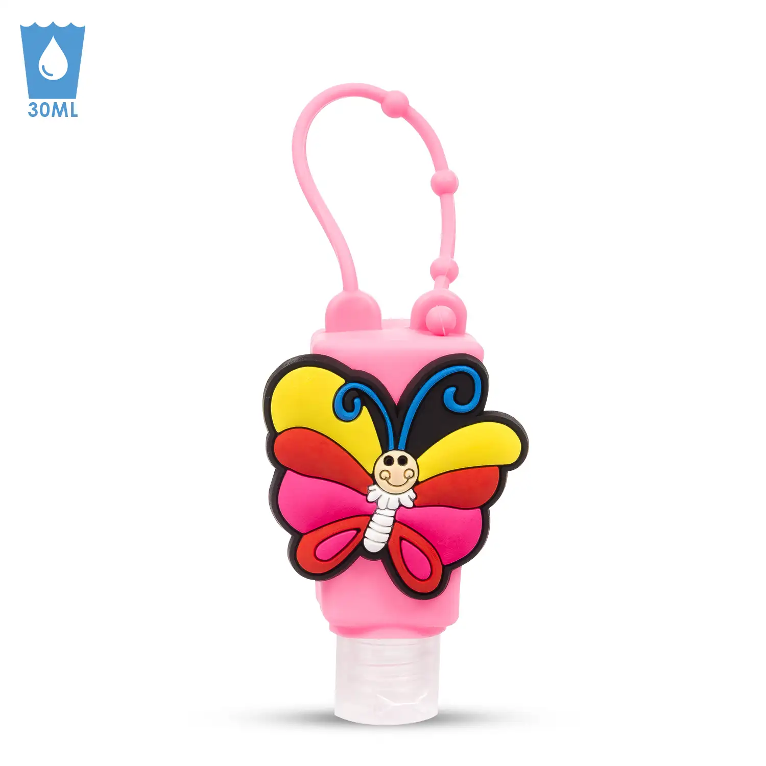 Llavero Botella higienizante de manos alcohol rellenable 30ml. Diseño mariposa.