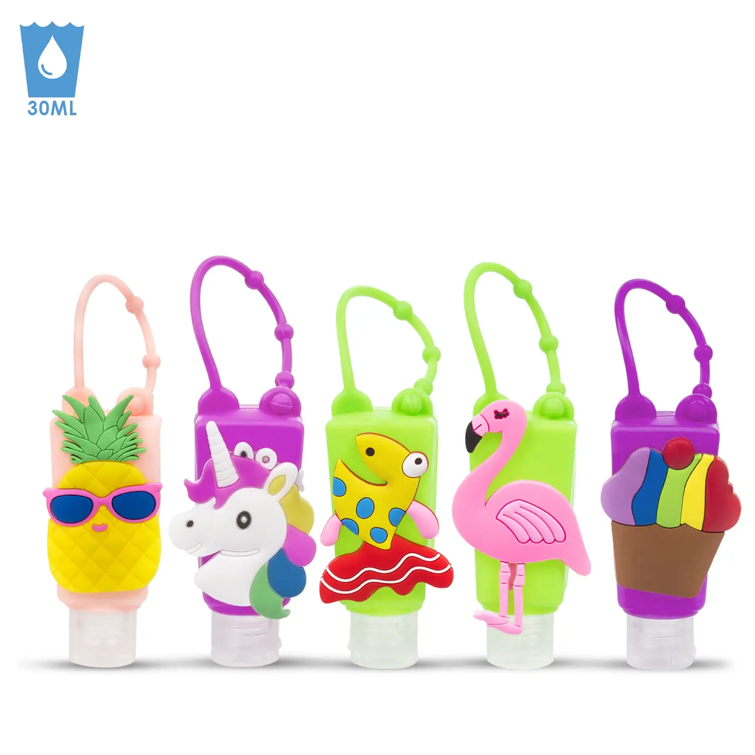 Llavero Botella higienizante de manos alcohol rellenable 30ml. Pack de 5 uds. Diseños FANTASY-3 variados.