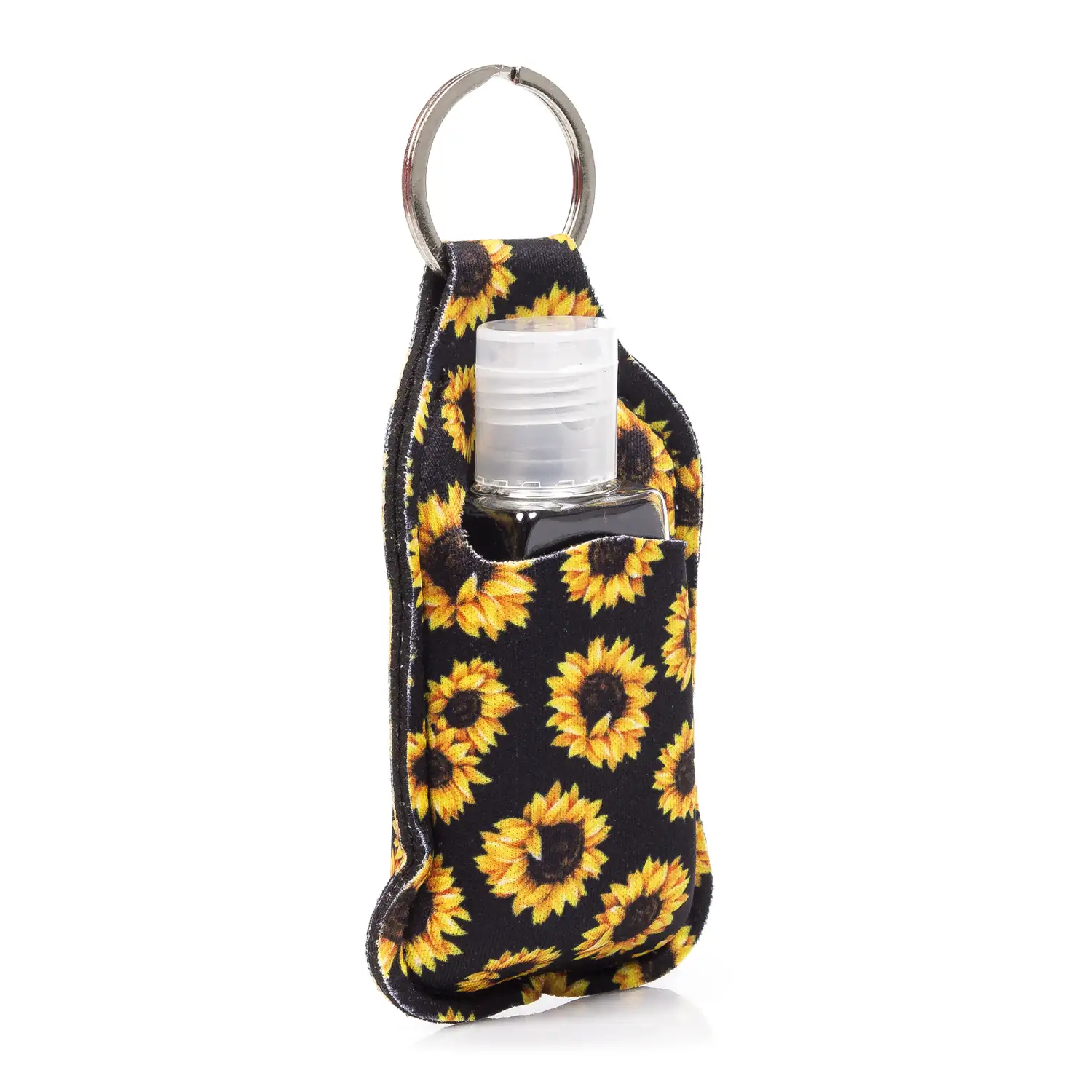 Llavero botella higienizante de manos alcohol rellenable 30ml tejido diseño girasol negro.