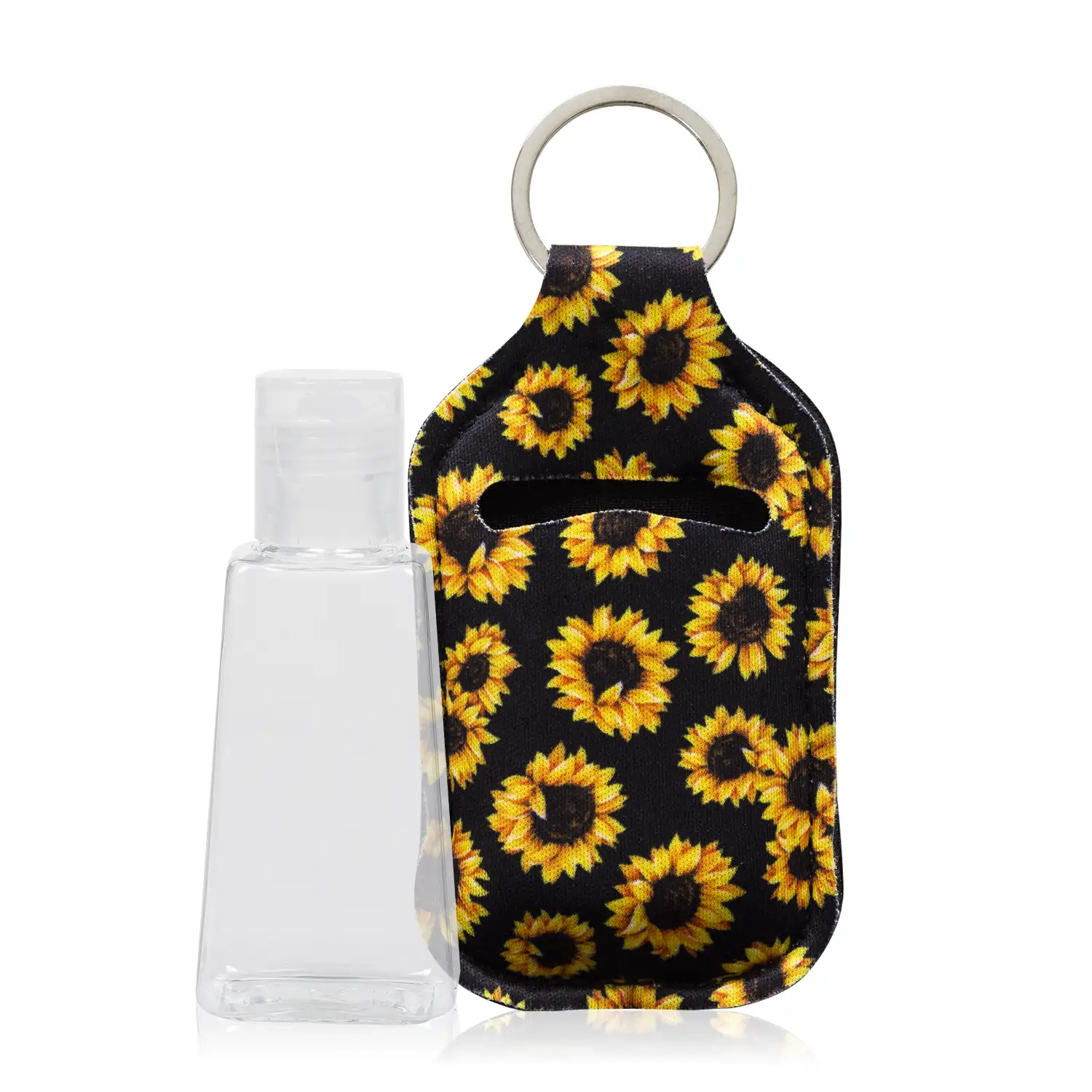 Llavero botella higienizante de manos alcohol rellenable 30ml tejido diseño girasol negro.