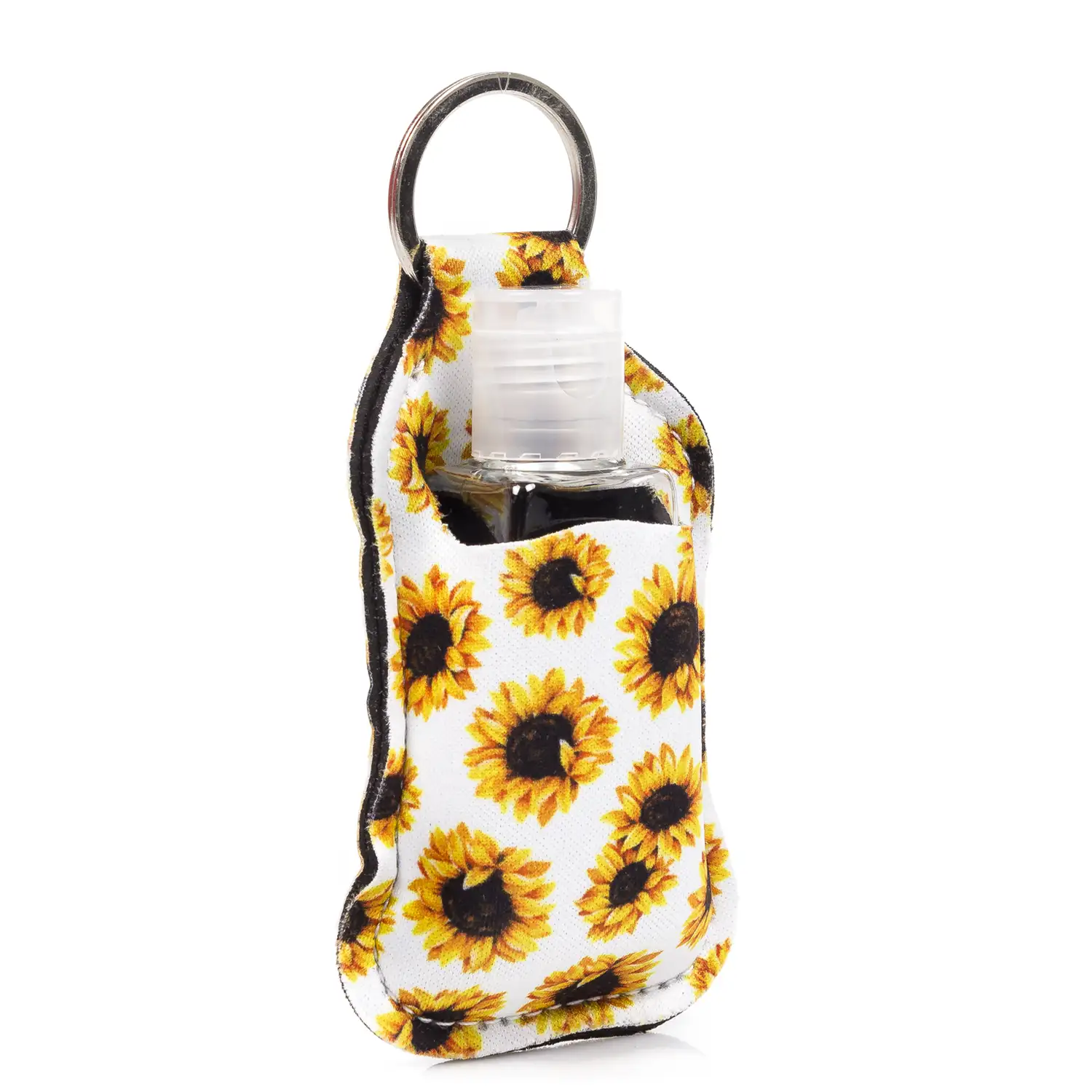 Llavero botella higienizante de manos alcohol rellenable 30ml tejido diseño girasol blanco