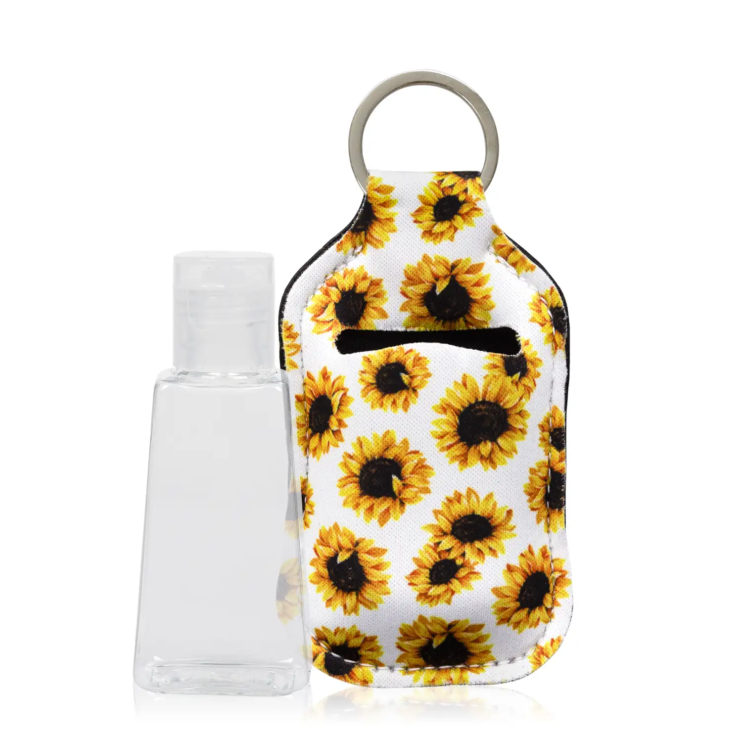 Llavero botella higienizante de manos alcohol rellenable 30ml tejido diseño girasol blanco