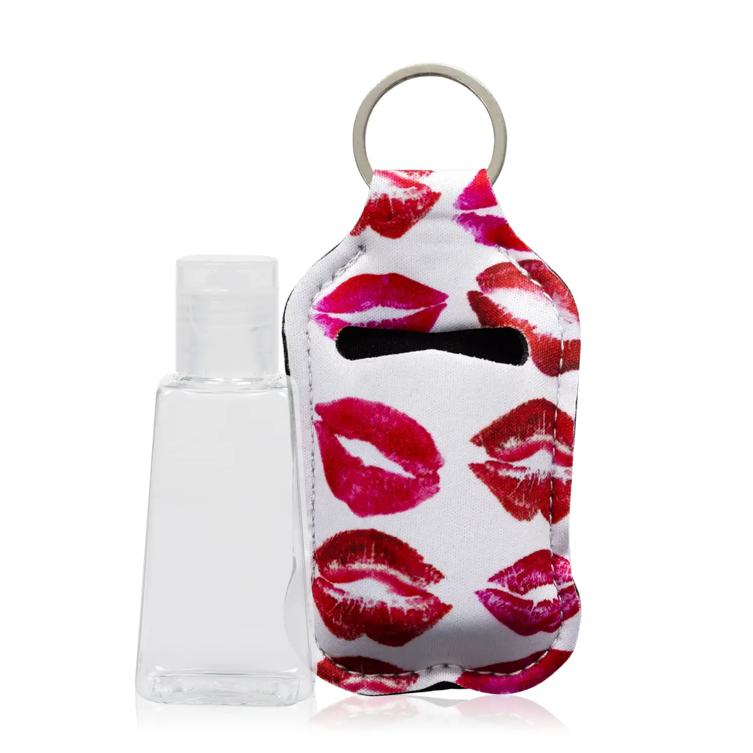 Llavero botella higienizante de manos alcohol rellenable 30ml tejido diseño besos.