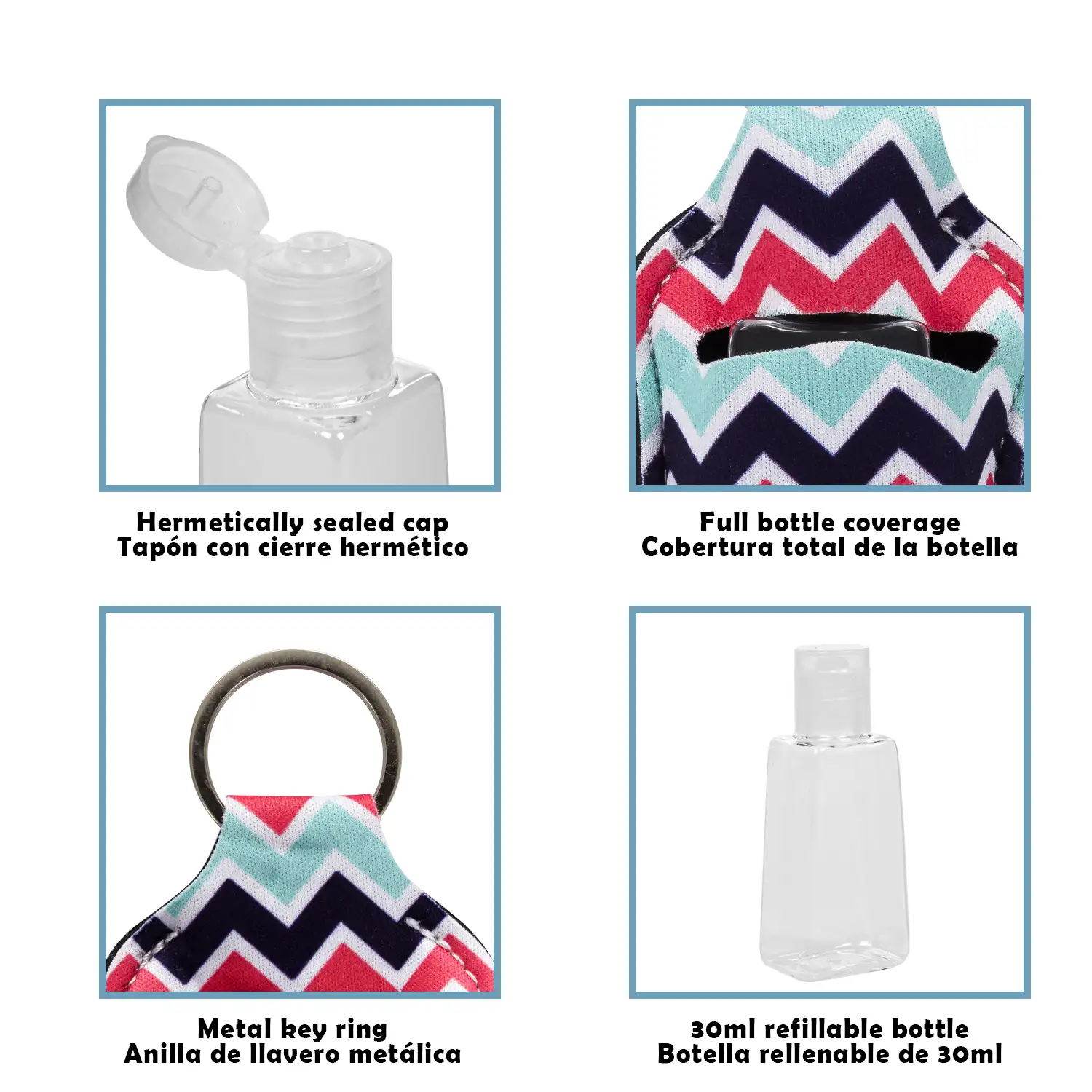 Llavero botella higienizante de manos alcohol rellenable 30ml tejido diseño Stripes.