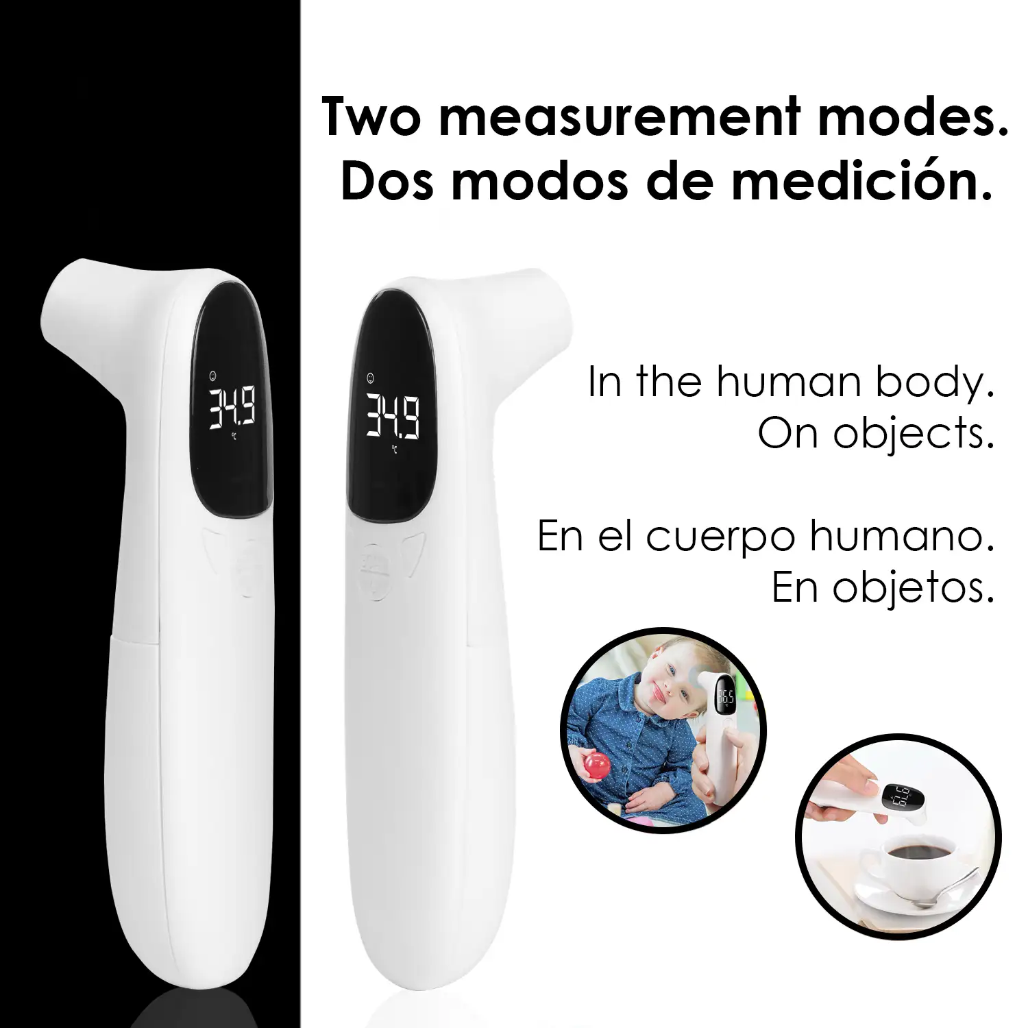 Termómetro infrarrojo sin contacto. Modo temperatura corporal y de objetos.