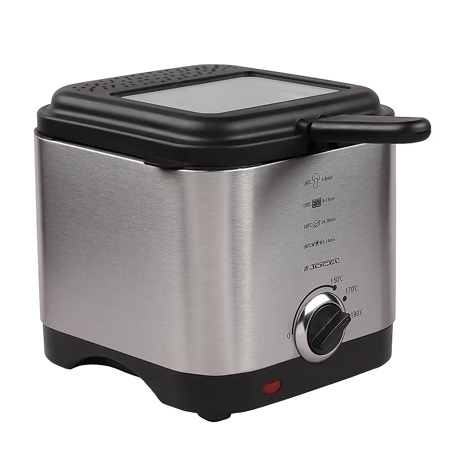 Freidora de 1.5L con exterior en acero inoxidable, termostato regulable y tapa con visor.