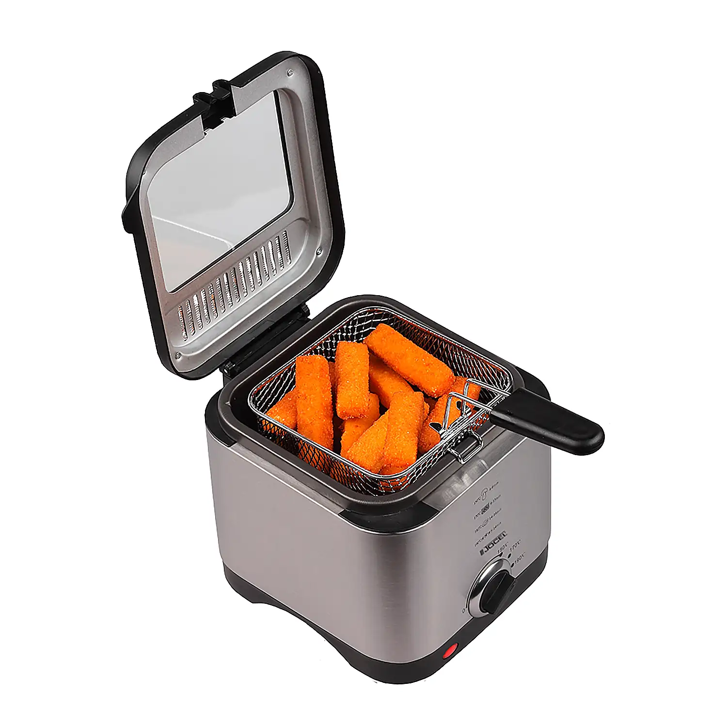 Freidora de 1.5L con exterior en acero inoxidable, termostato regulable y tapa con visor.