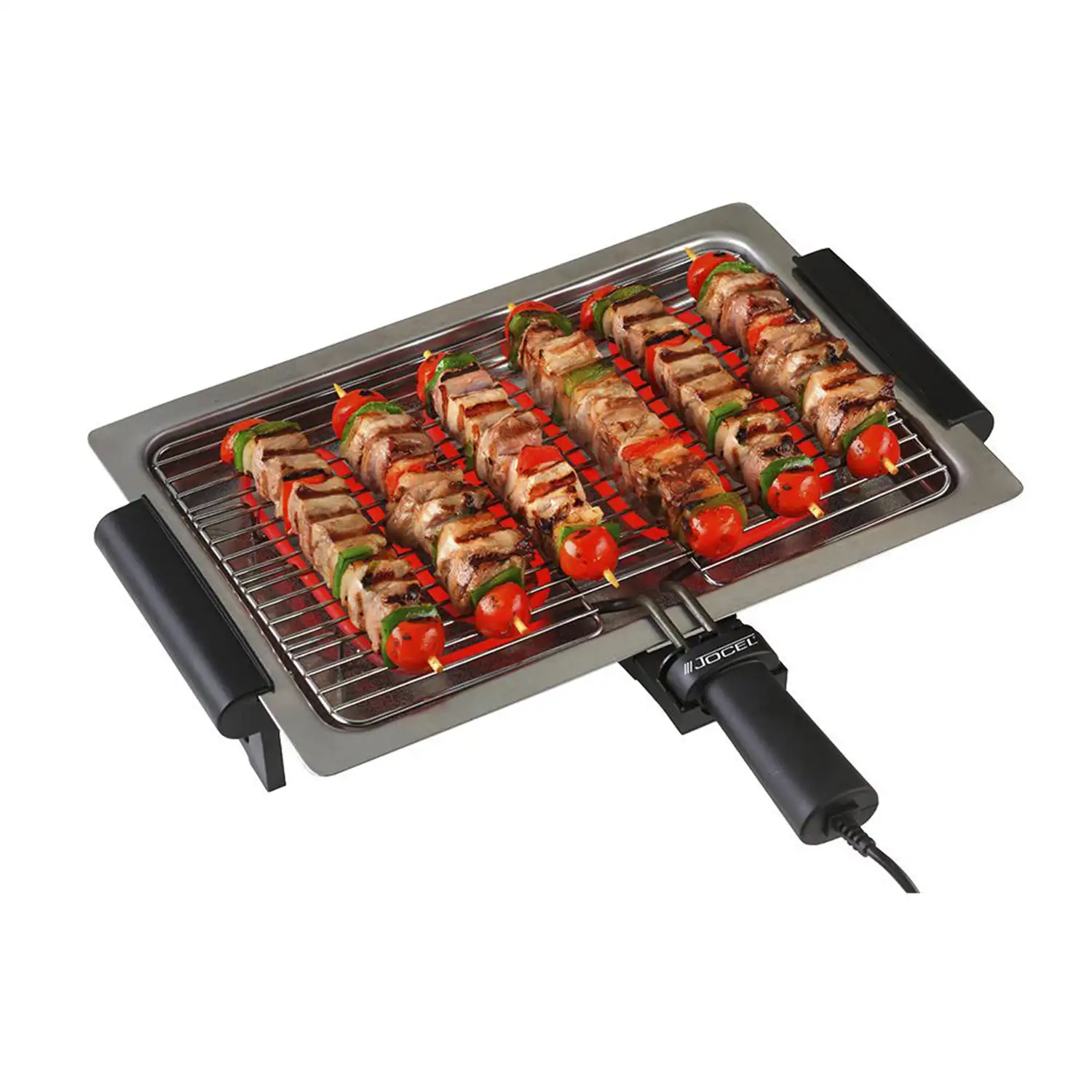 Parrilla de acero inoxidable con rejilla de hierro cromado y mangos resistentes al calor.