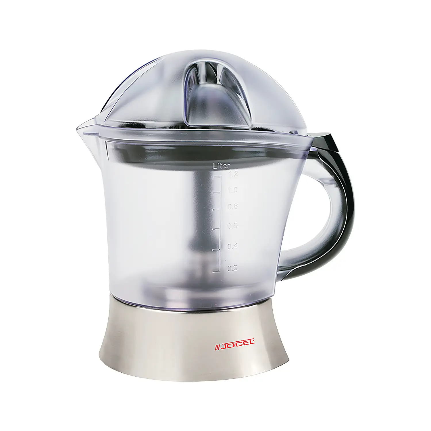Exprimidor de cítricros de 1.2L y 40W. Con filtro para la pulpa ajustable y dos conos de distintos tamaños.