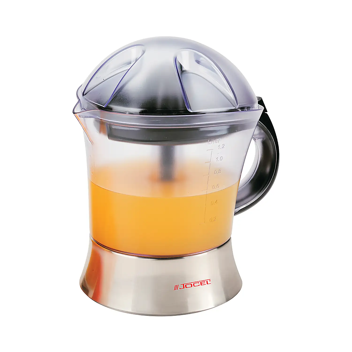 Exprimidor de cítricros de 1.2L y 40W. Con filtro para la pulpa ajustable y dos conos de distintos tamaños.