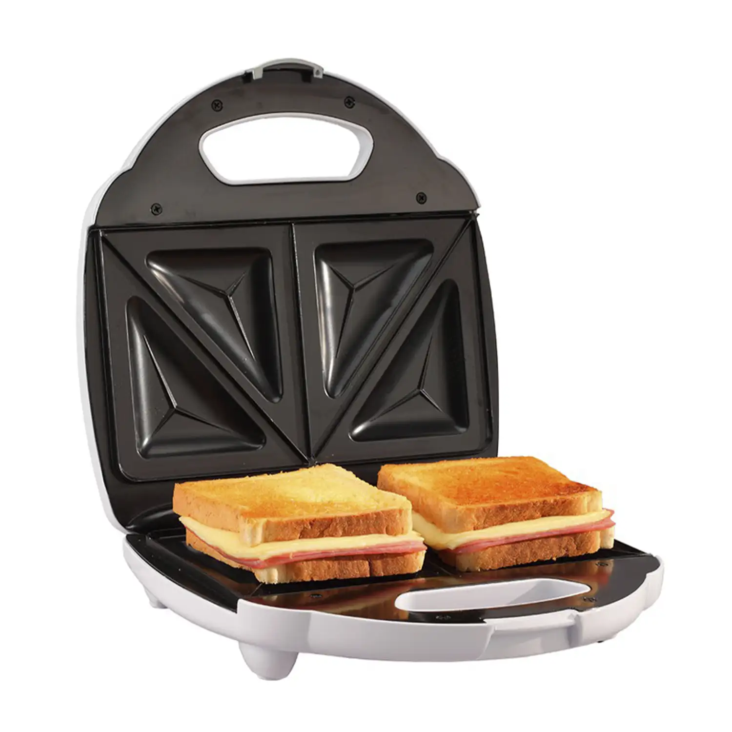 Sandwichera con 750W. Capacidad para dos sándwiches.