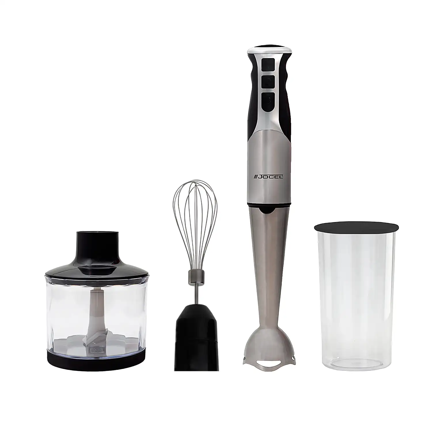 Batidora de 800W con tres velocidades. Incluye picadora, amasador y taza con tapa.