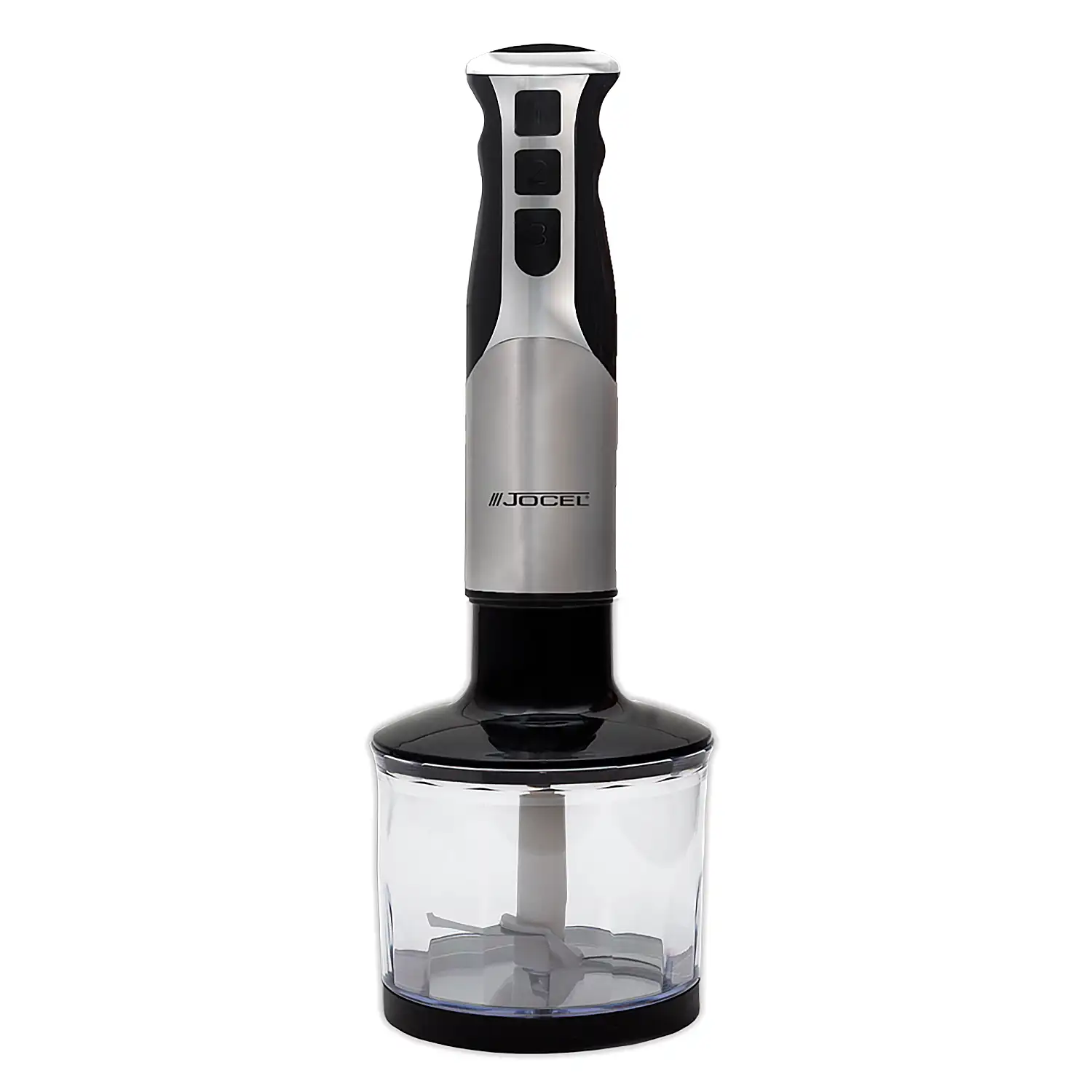 Batidora de 800W con tres velocidades. Incluye picadora, amasador y taza con tapa.