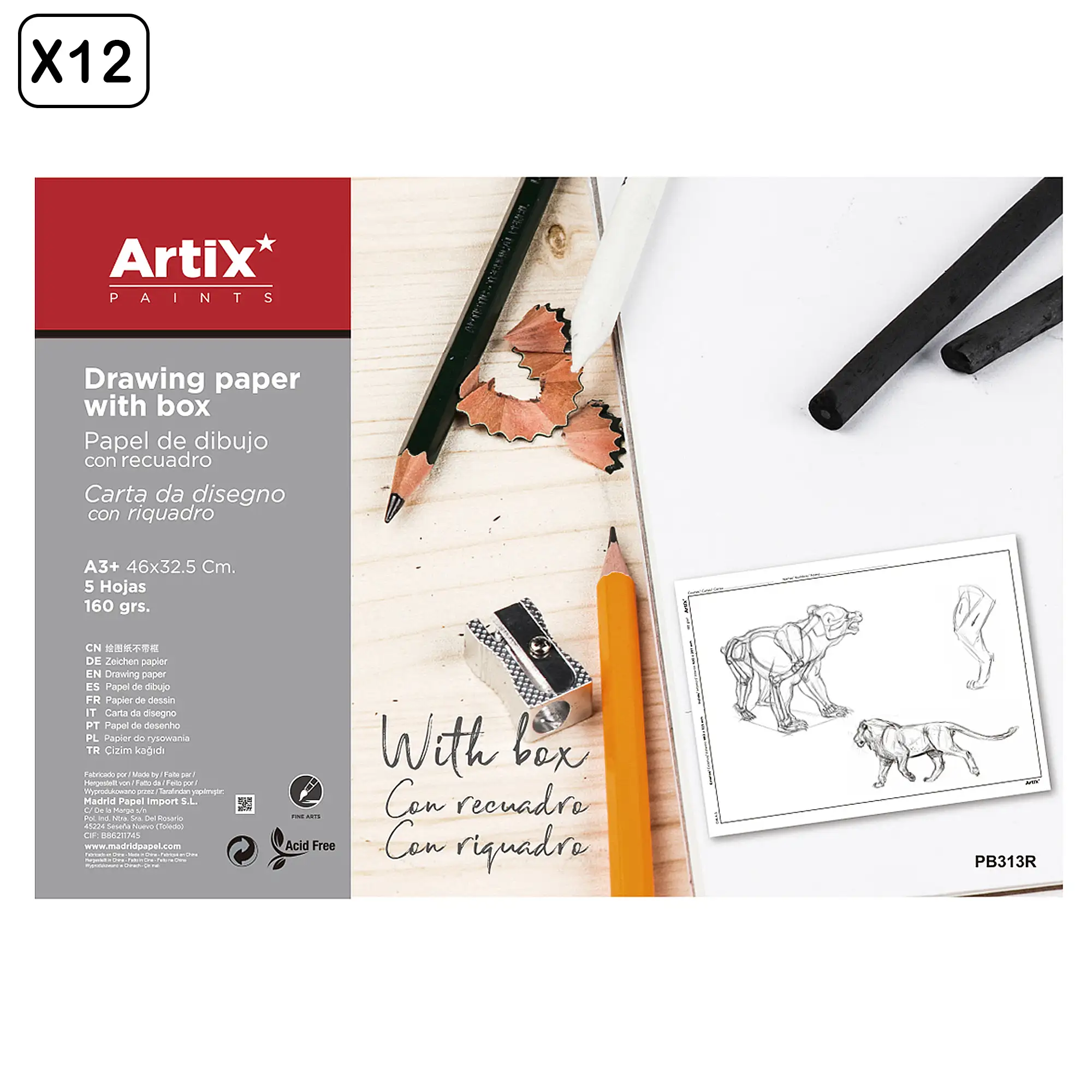 12 packs PAPEL DE DIBUJO CON RECUADRO A3+ 5 HOJAS