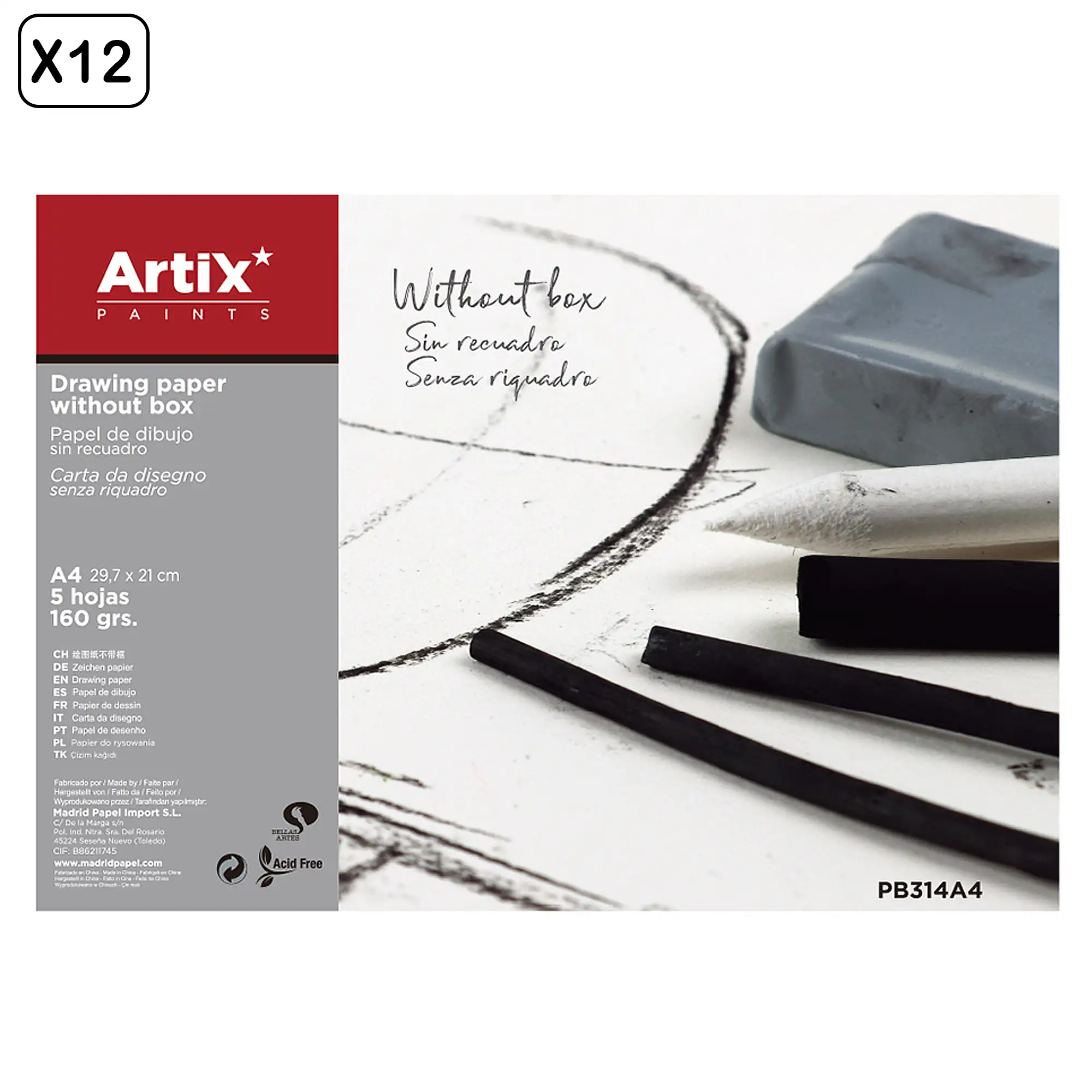 12 packs PAPEL DE DIBUJO SIN RECUADRO A4 5 HOJAS