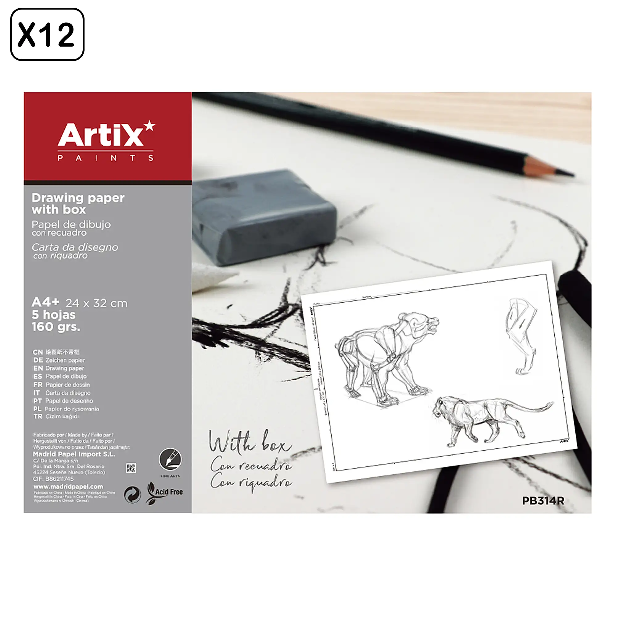 12 packs PAPEL DE DIBUJO CON RECUADRO 24 x 32 cm 5 HOJAS