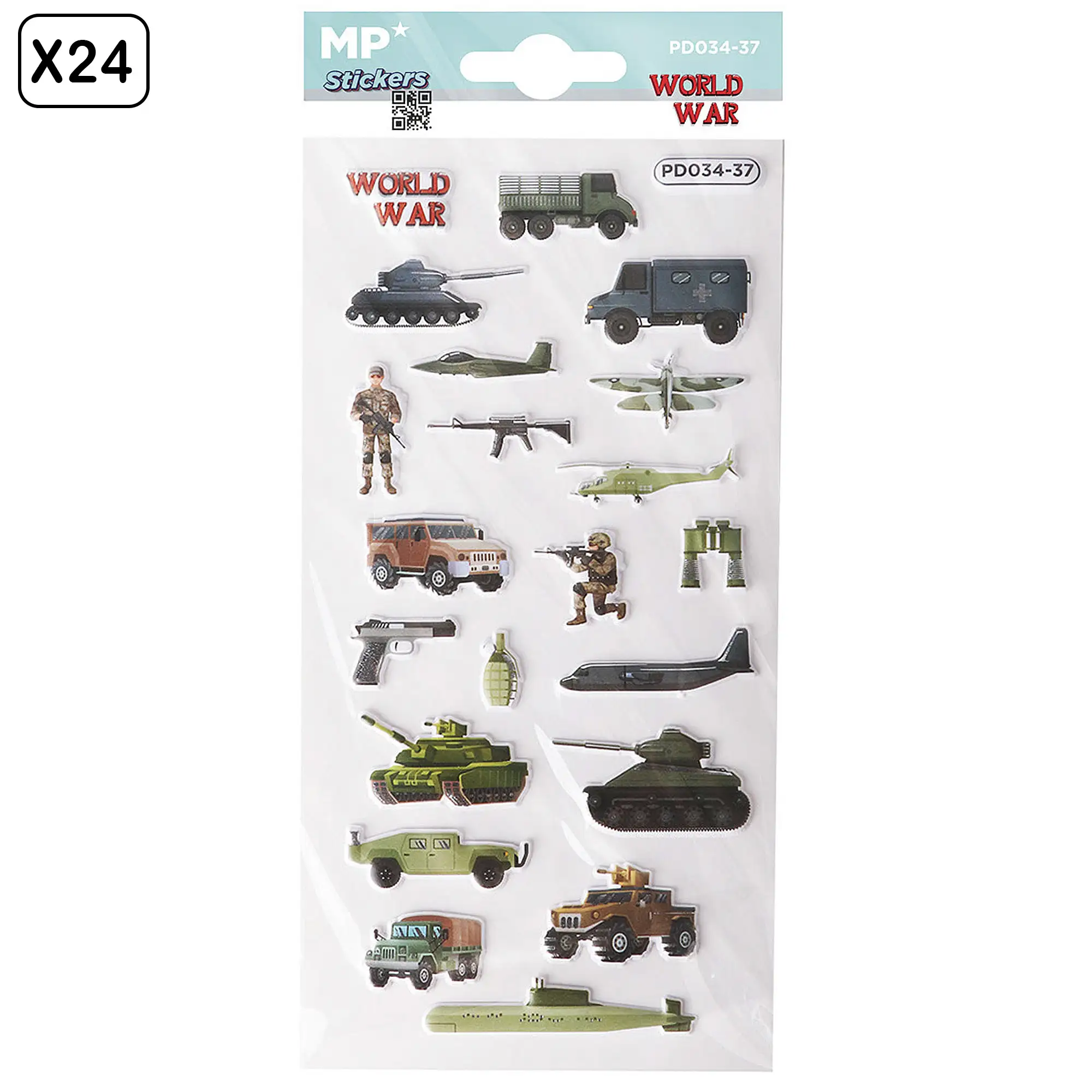 PACK 24 Uds. PEGATINAS STICKERS RELIEVE DISEÑO GUERRA MUNDIAL