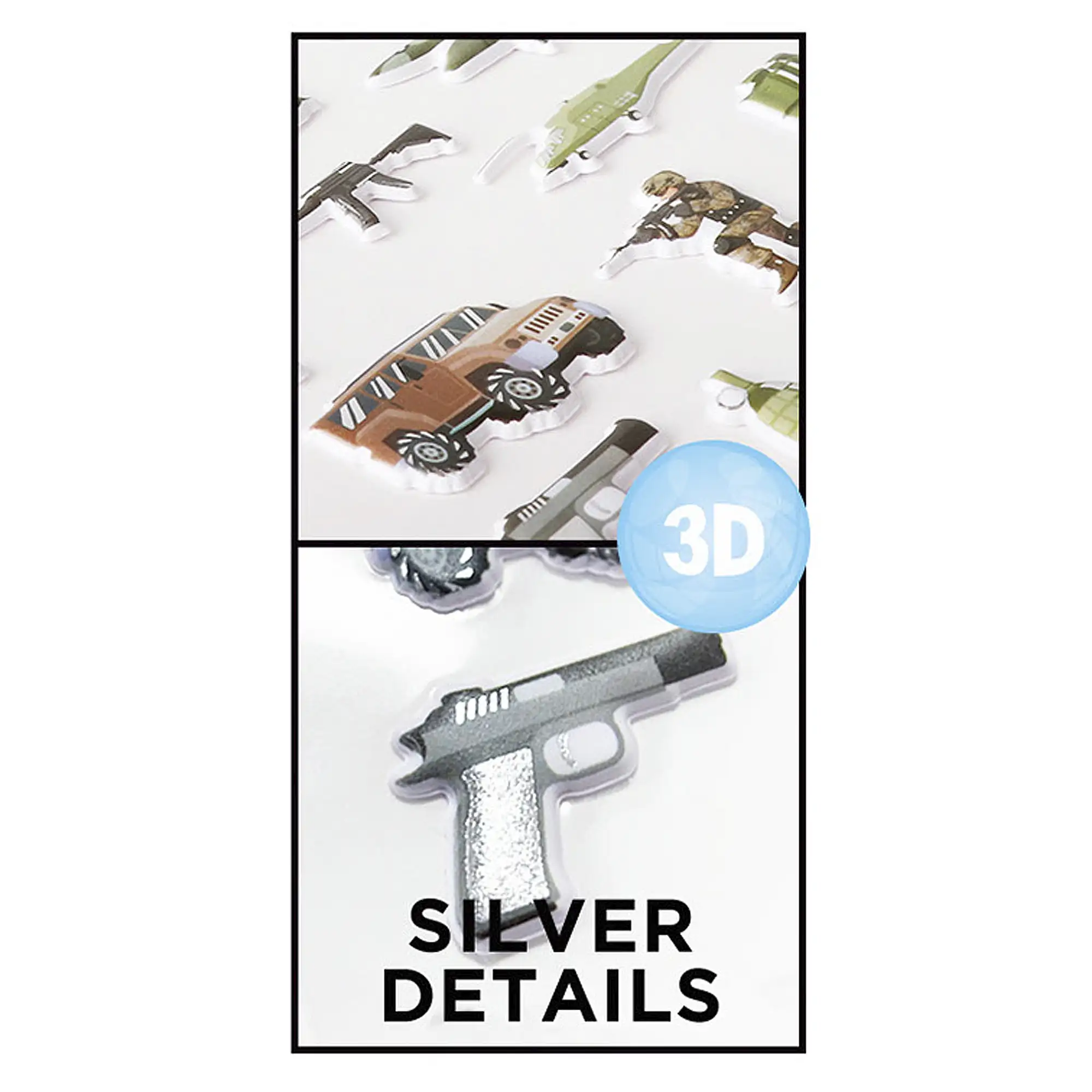 PACK 24 Uds. PEGATINAS STICKERS RELIEVE DISEÑO GUERRA MUNDIAL