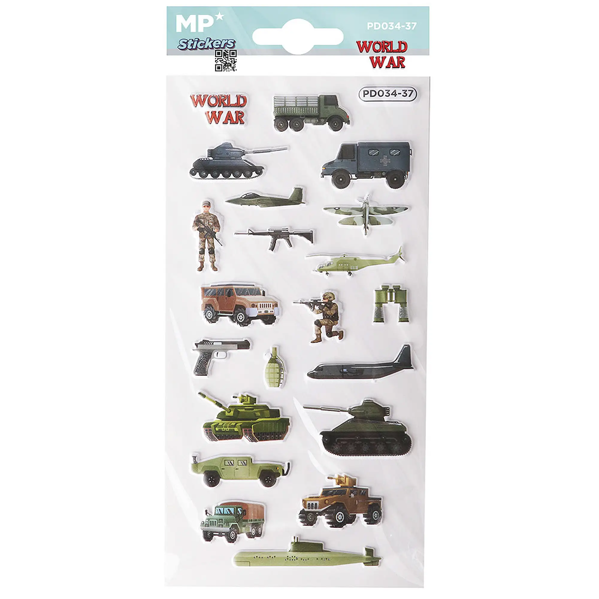 PACK 24 Uds. PEGATINAS STICKERS RELIEVE DISEÑO GUERRA MUNDIAL
