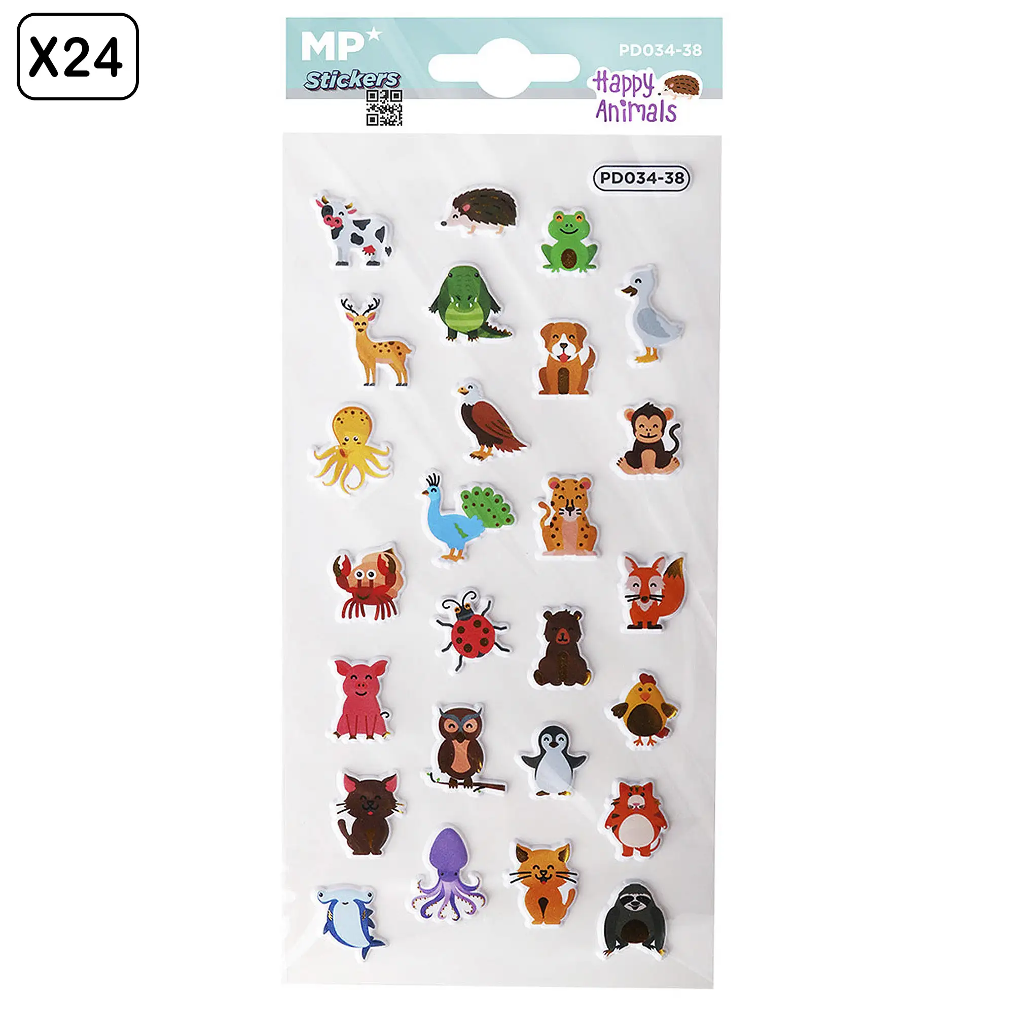 PACK 24 Uds. PEGATINAS STICKERS RELIEVE DISEÑO ANIMALES FELICES