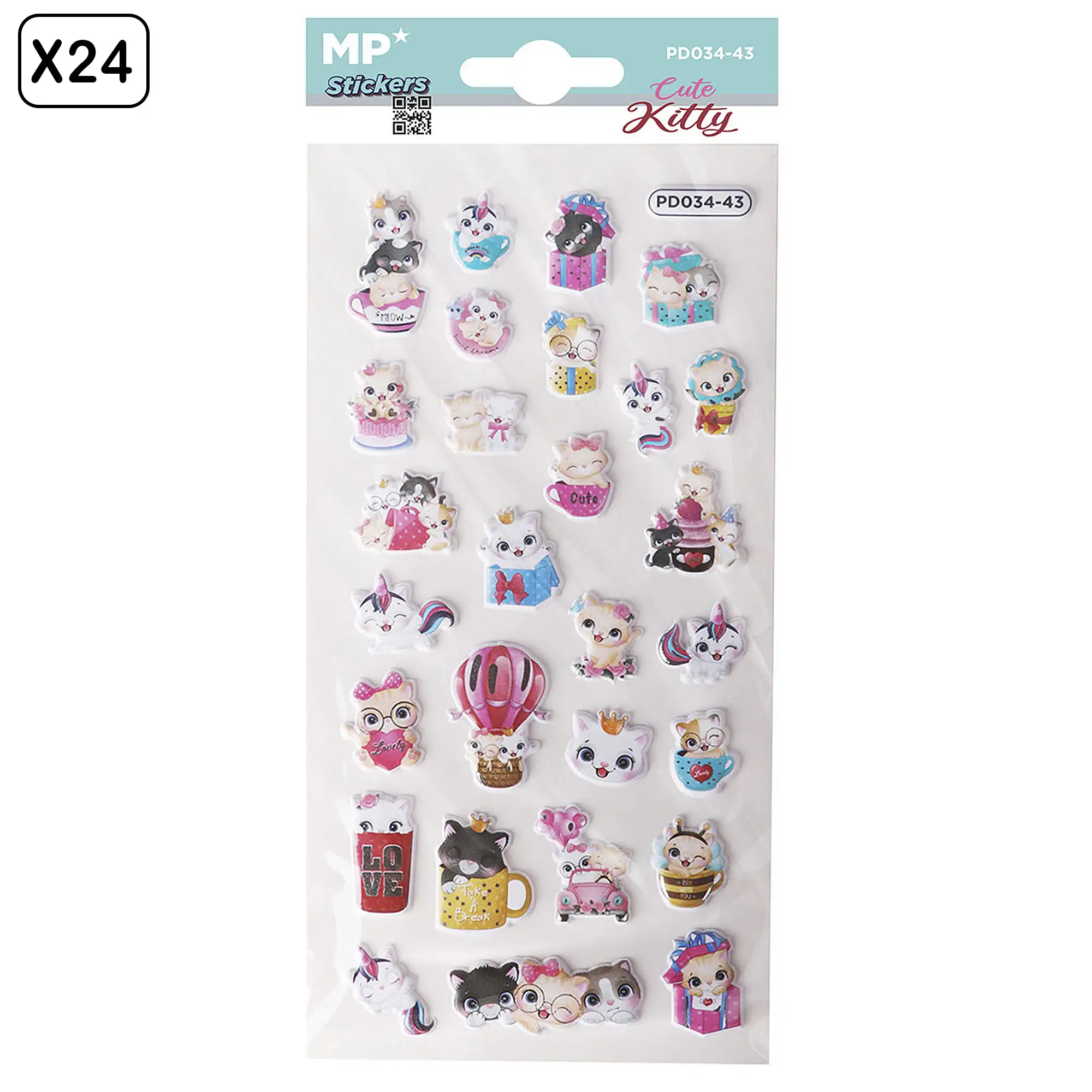 PACK 24 Uds. PEGATINAS STICKERS RELIEVE DISEÑO GATITO