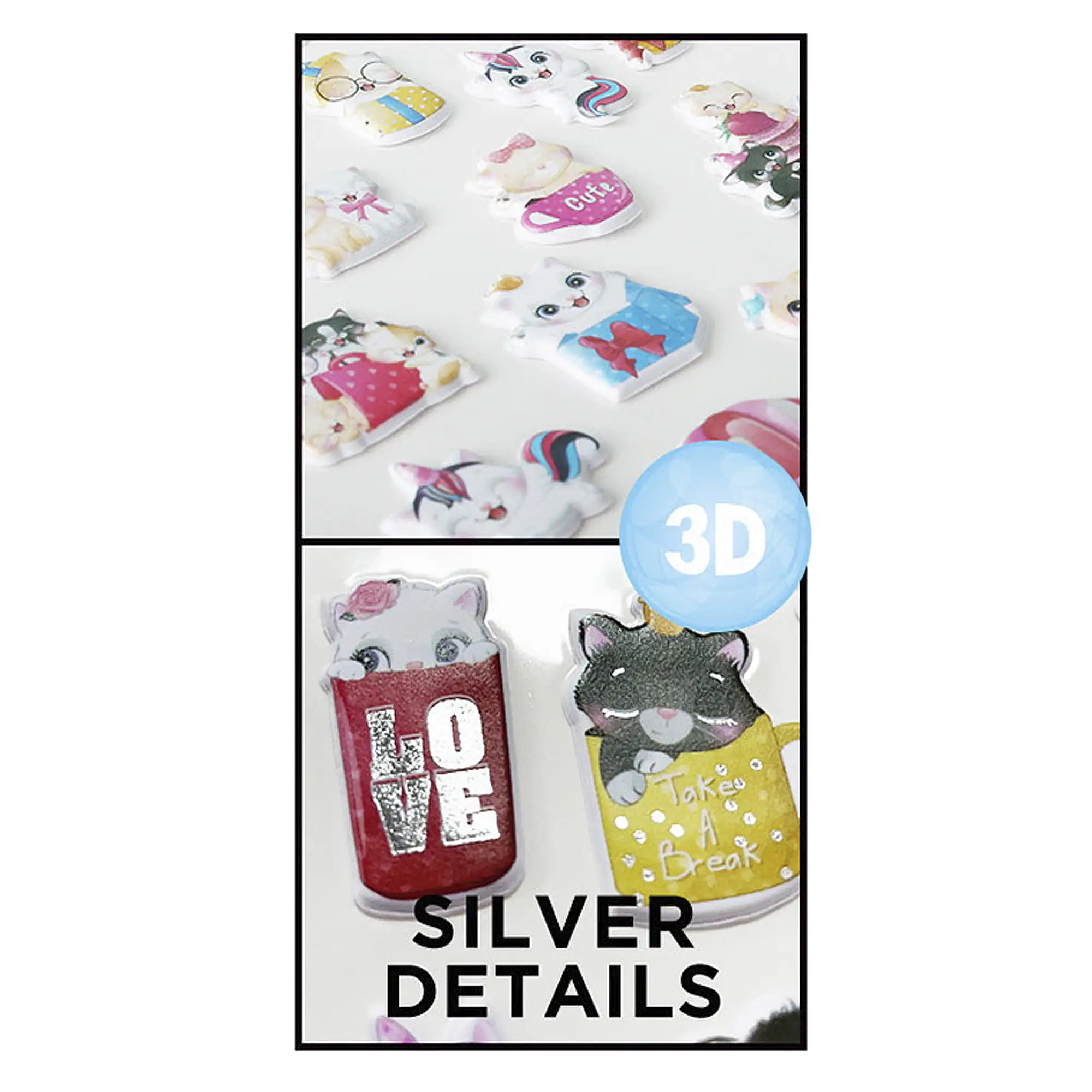 PACK 24 Uds. PEGATINAS STICKERS RELIEVE DISEÑO GATITO