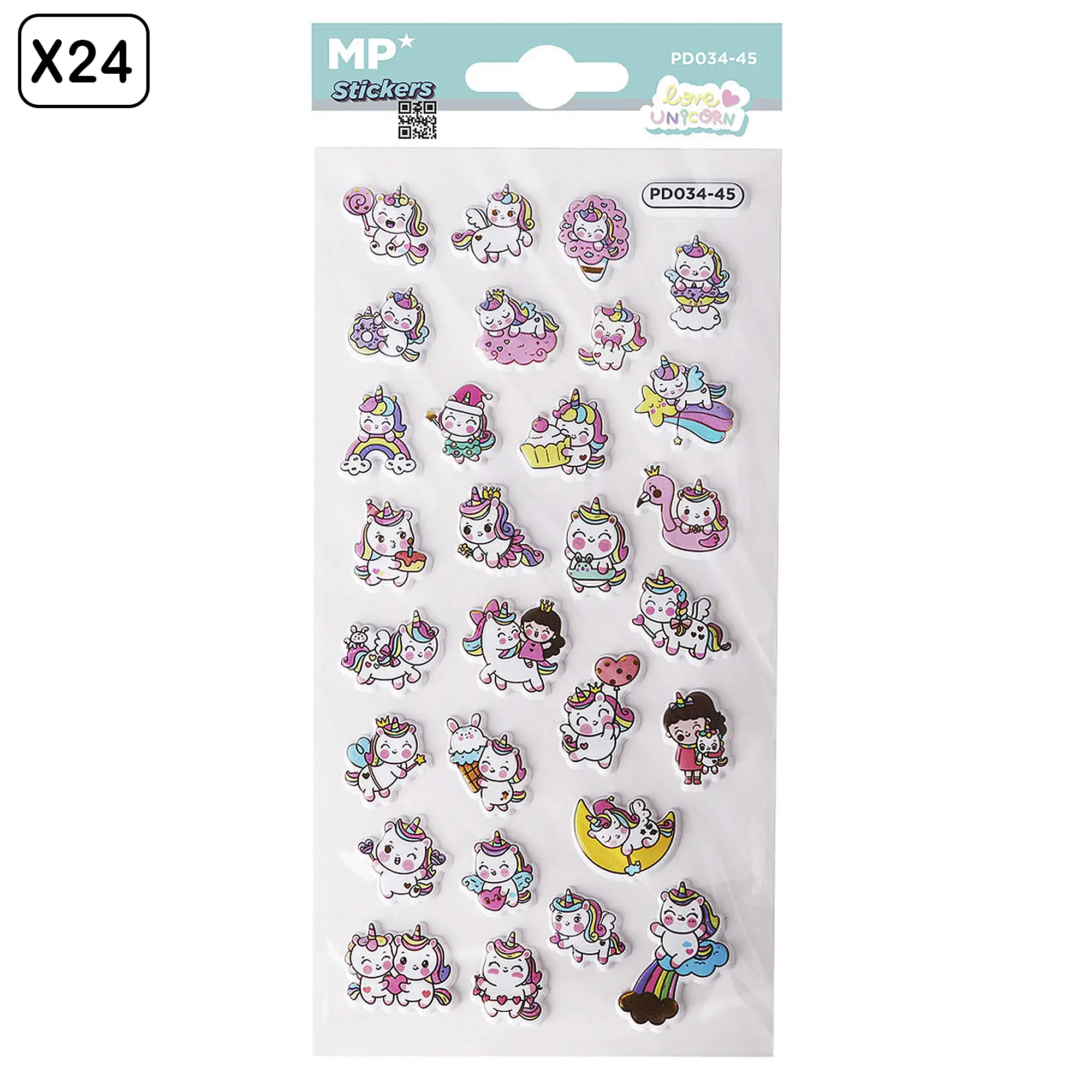 PACK 24 Uds. PEGATINAS STICKERS RELIEVE DISEÑO UNICORNIO