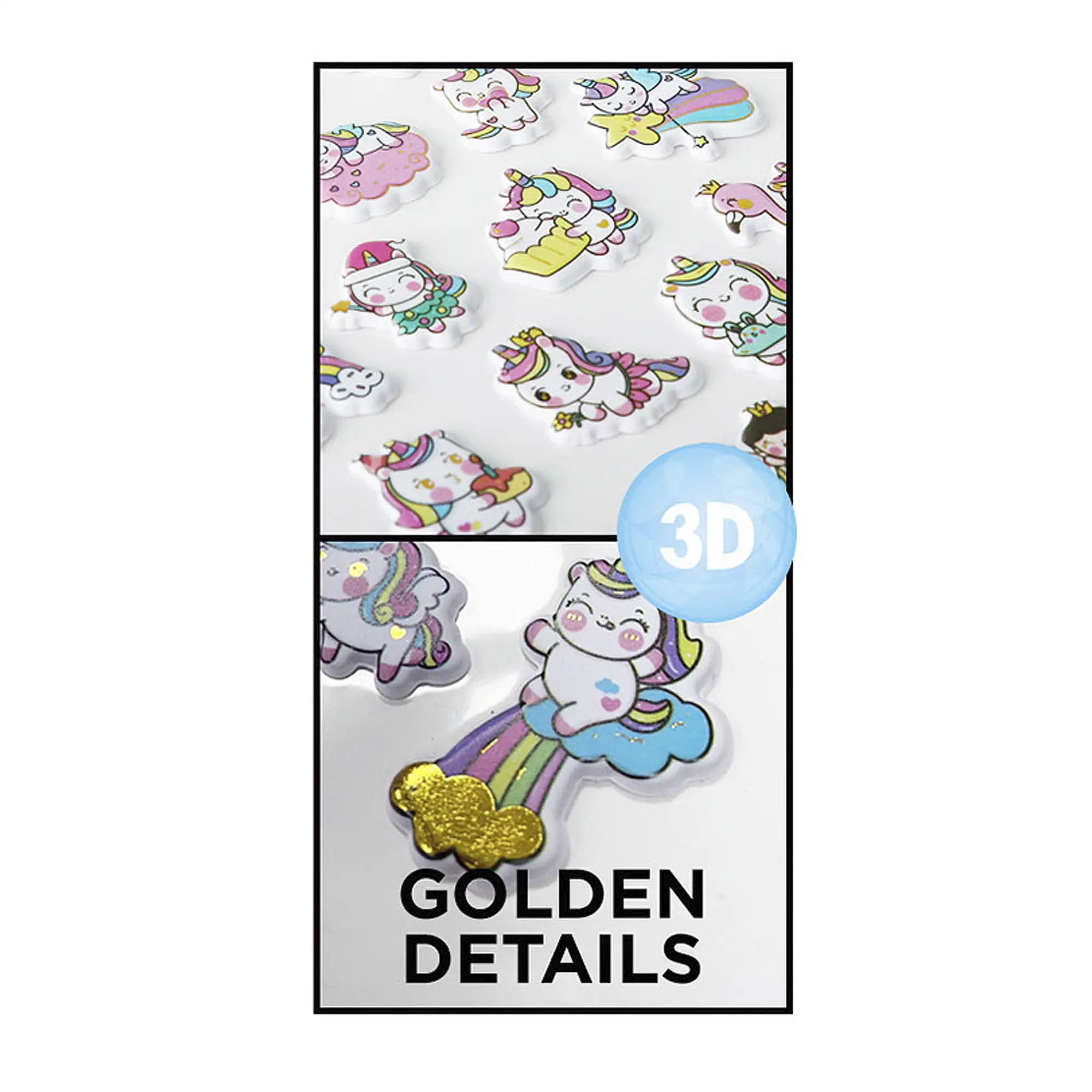 PACK 24 Uds. PEGATINAS STICKERS RELIEVE DISEÑO UNICORNIO